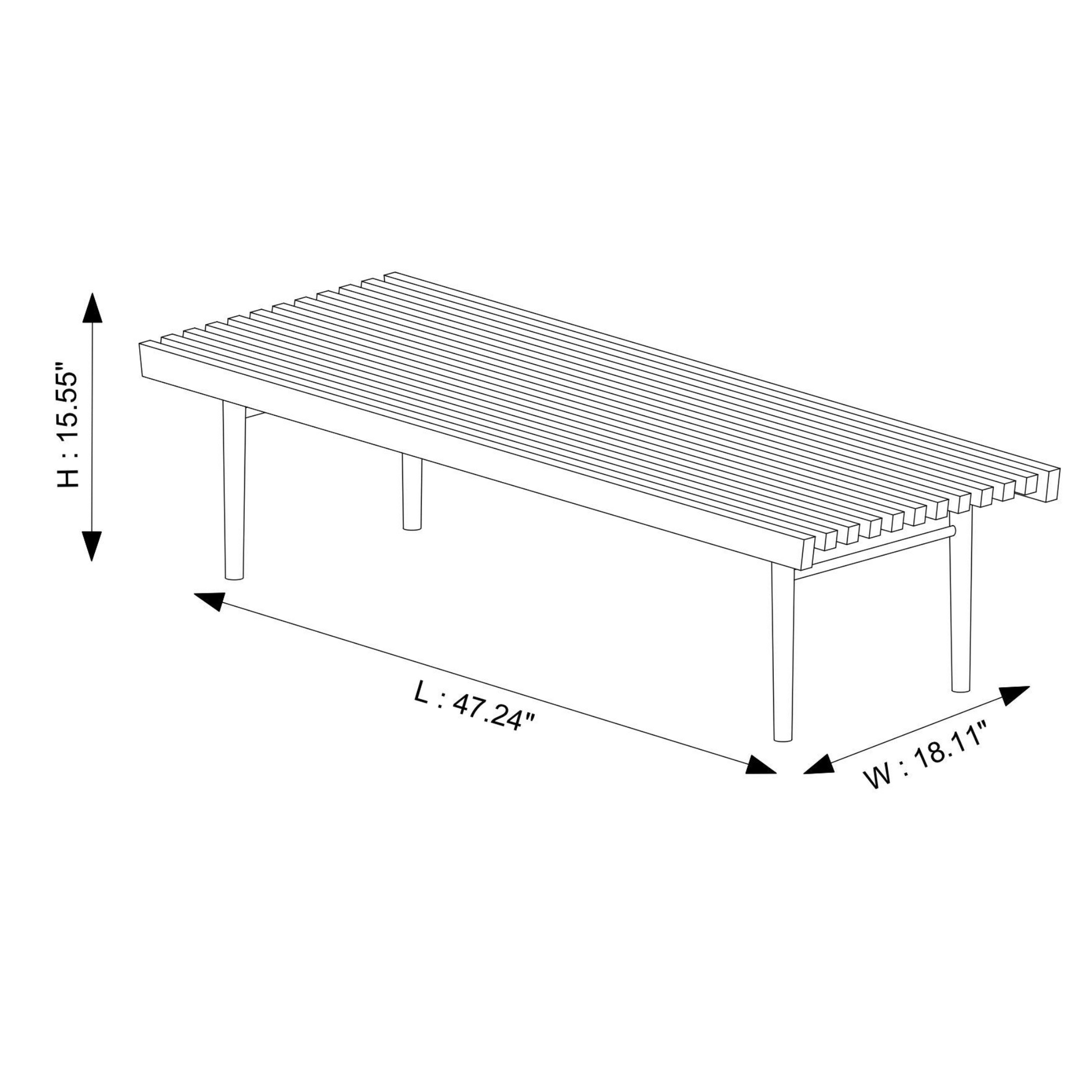 Modern slatted wooden bench with dimensions for FredCo International furniture, 47x18x15 inches.
