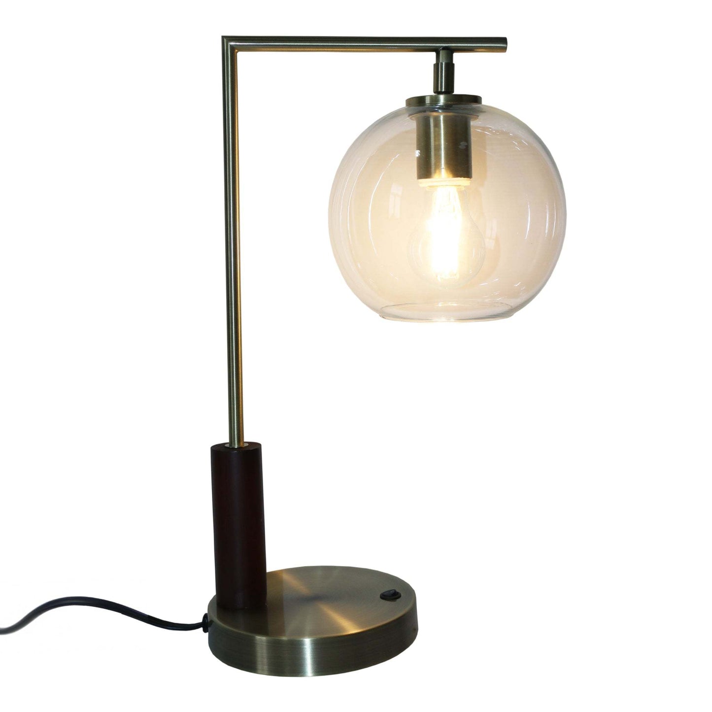 Modern brass table lamp with round glass shade and exposed bulb, FredCo International furniture