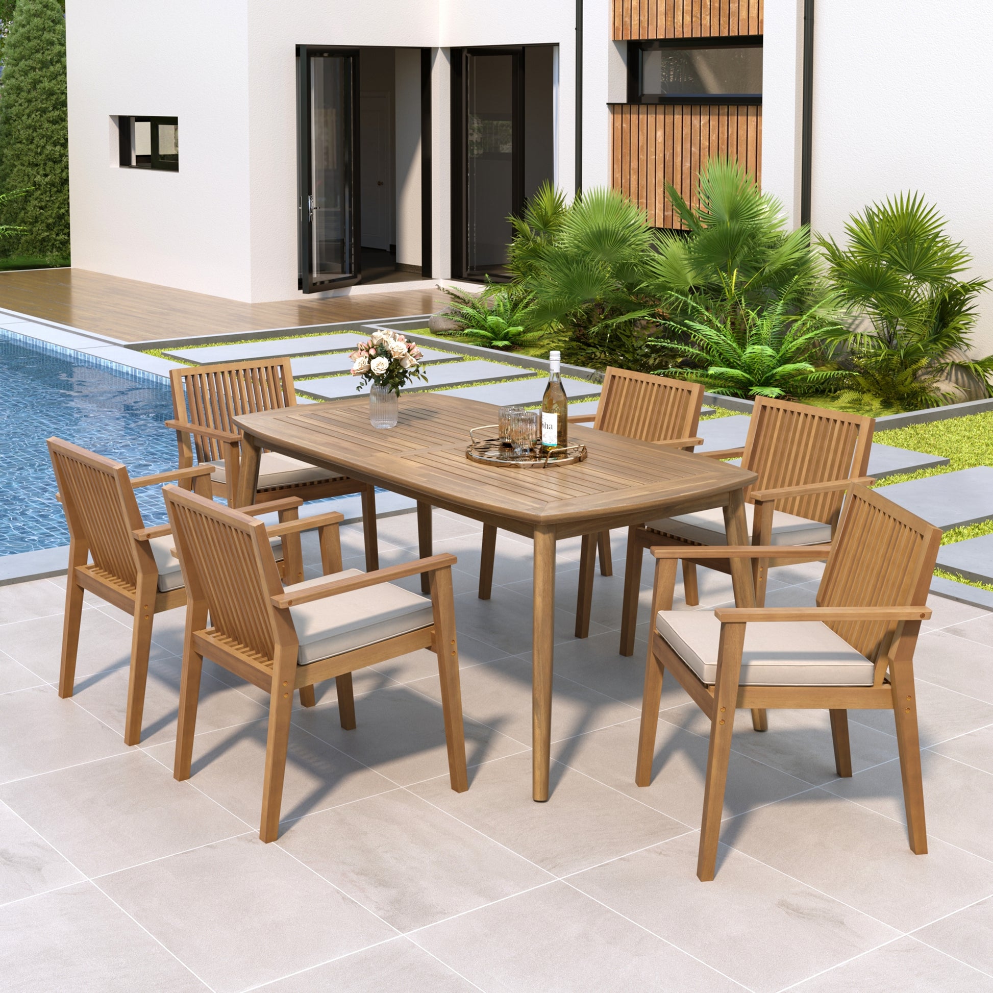 7-Piece Acacia Wood Outdoor Dining Set - 70.75' Table & 6 Chairs with Removable Cushions for Patio Garden FredCo