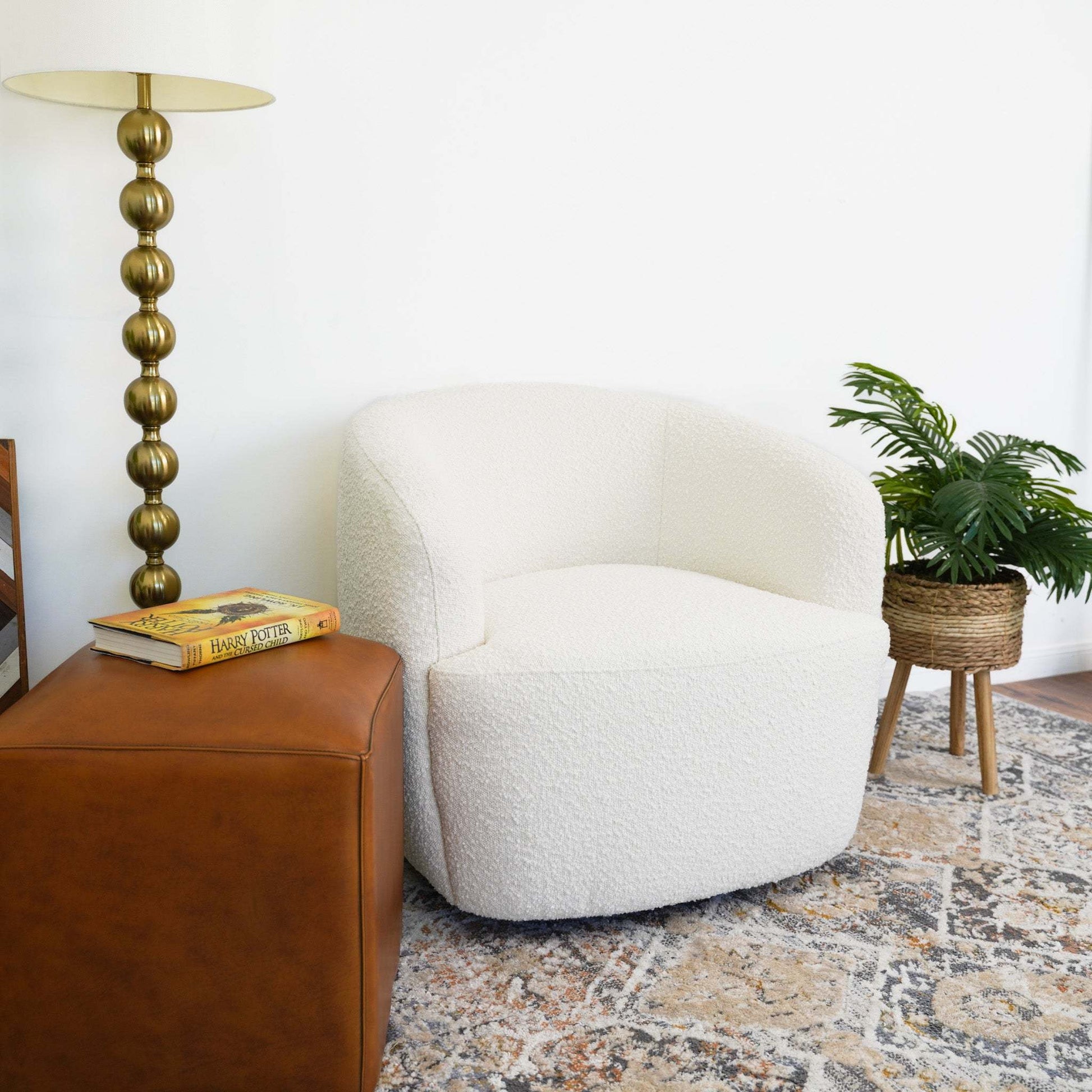 Mina Modern Boucle Swivel Chair with Sturdy Frame in White FredCo