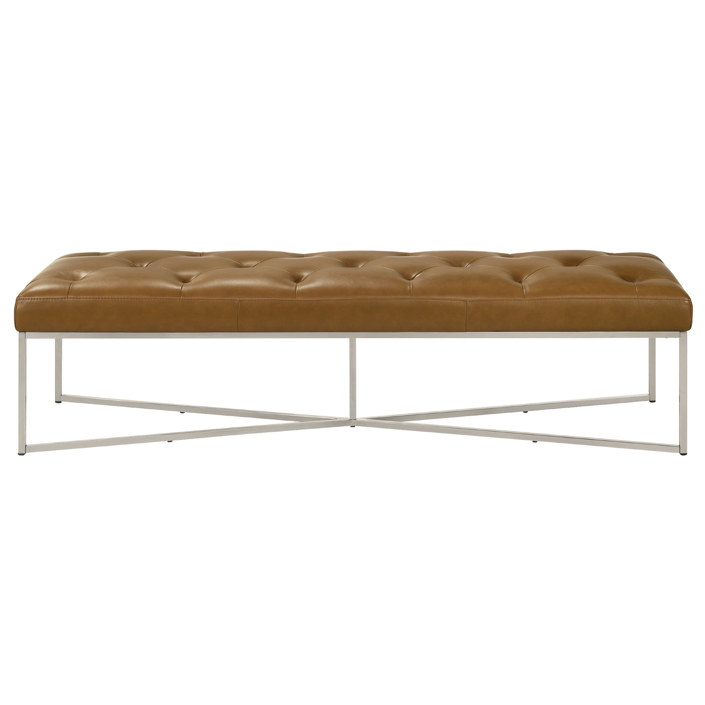 Brown tufted leather bench with metal legs, modern furniture from FredCo International