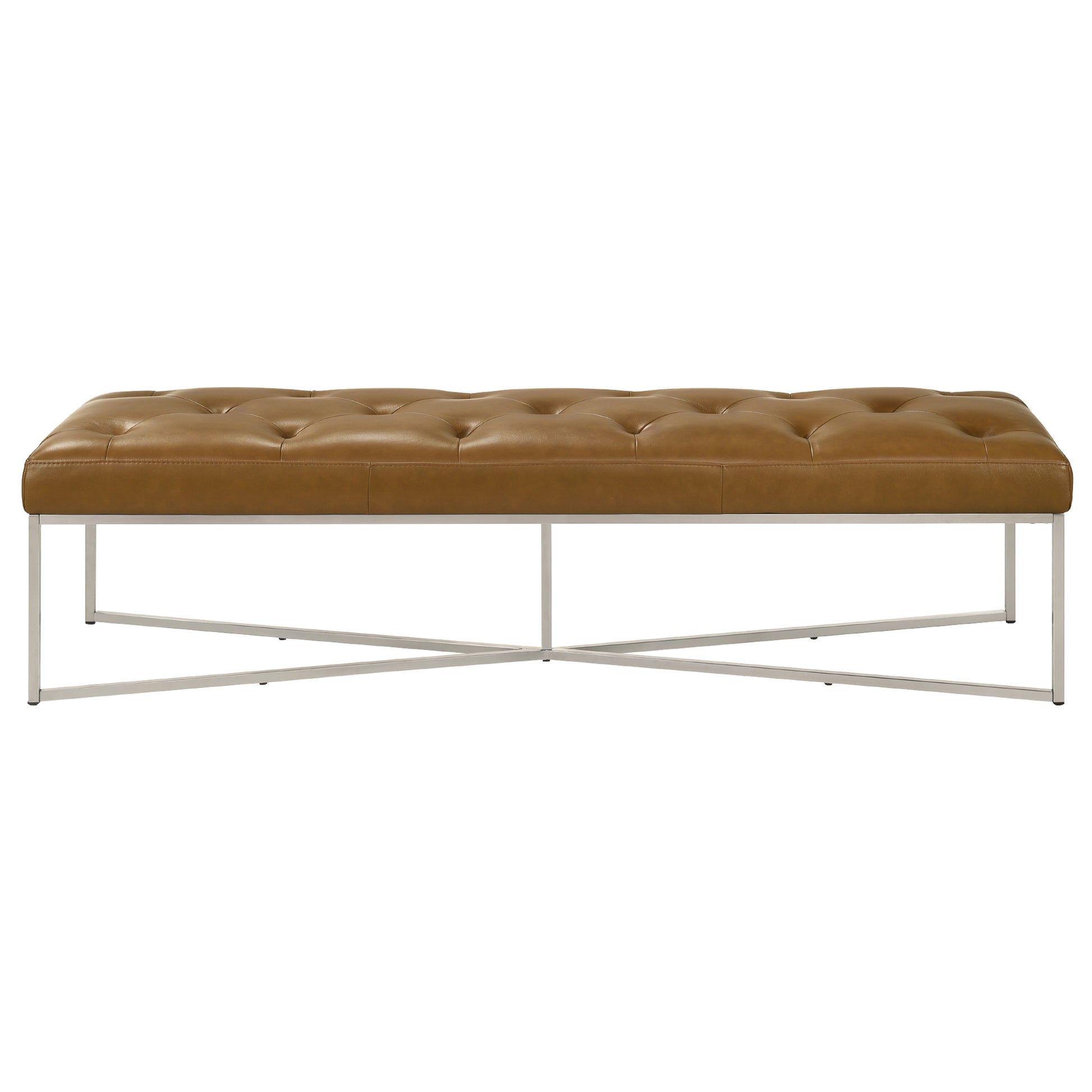 Brown tufted leather bench with metal legs, modern furniture from FredCo International