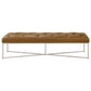 Brown tufted leather bench with metal legs, modern furniture from FredCo International