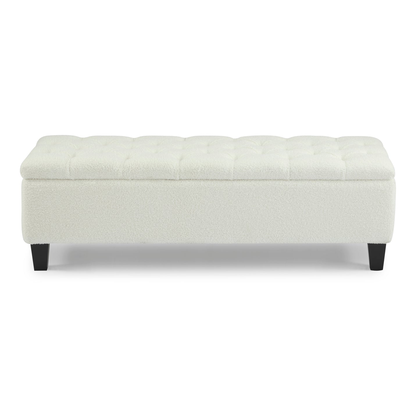 Ottoman Bench with Storage, White Boucle Surface, Rubber Wood Legs, 300 lbs Capacity