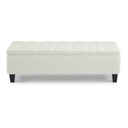 Ottoman Bench with Storage, White Boucle Surface, Rubber Wood Legs, 300 lbs Capacity