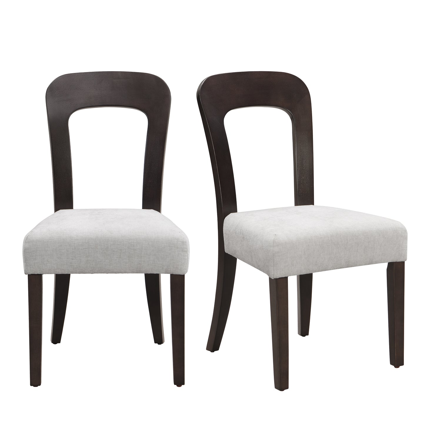 Set of two modern dining chairs with dark wooden frames and light upholstered seats