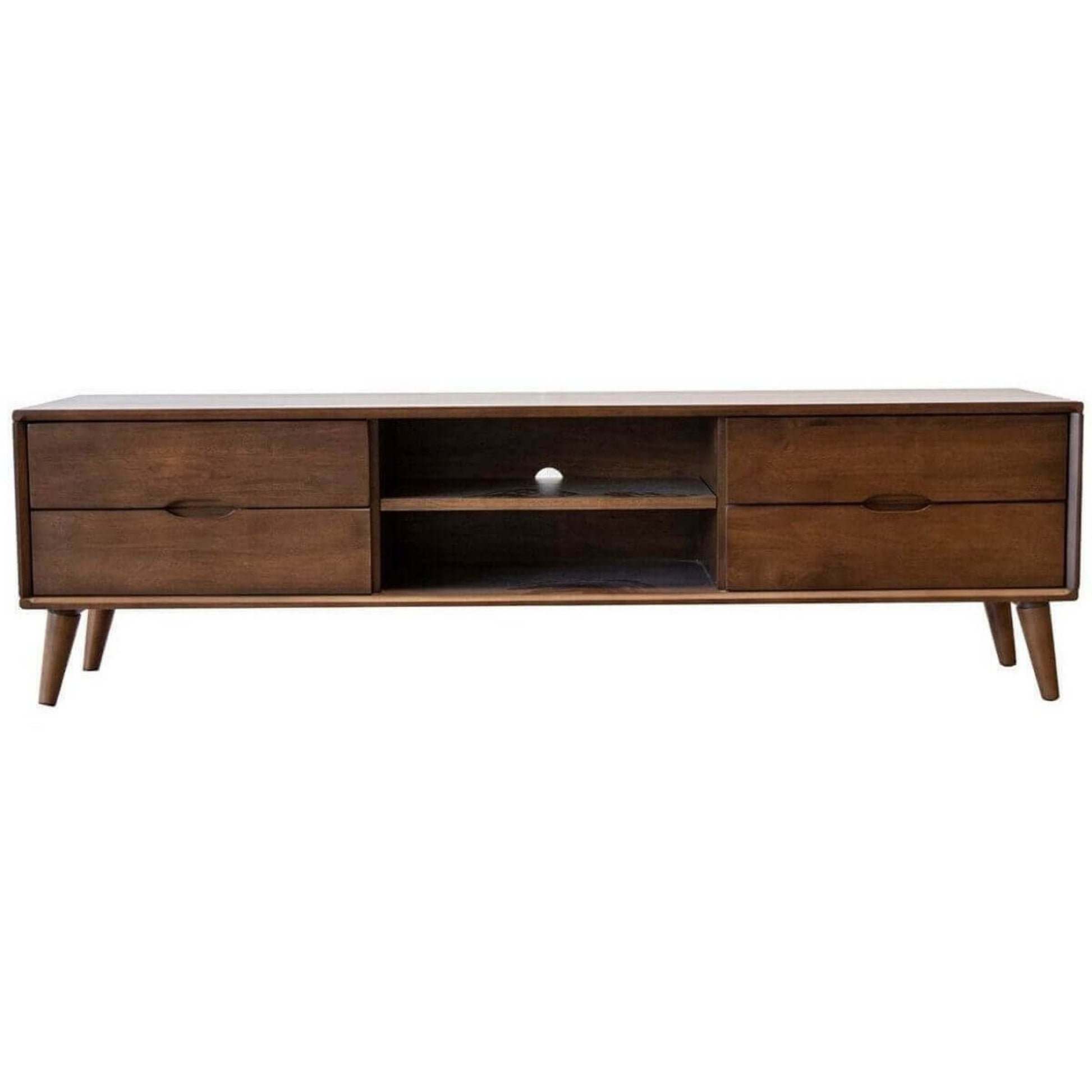 Mid-century modern wooden TV stand with storage drawers and open shelves, FredCo International furniture