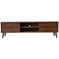 Mid-century modern wooden TV stand with storage drawers and open shelves, FredCo International furniture