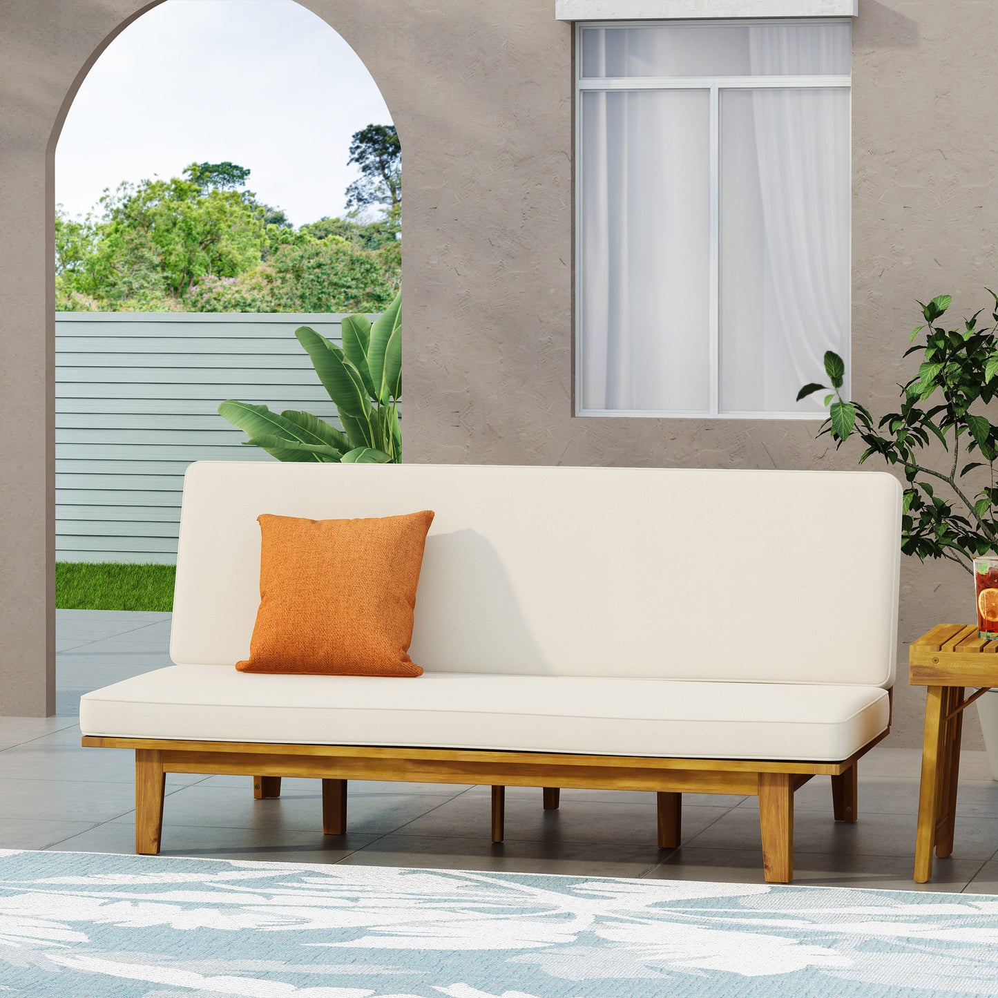 Outdoor Elegance Daybed with Convertible Design, Beige Cushion, Acacia Wood Frame FredCo