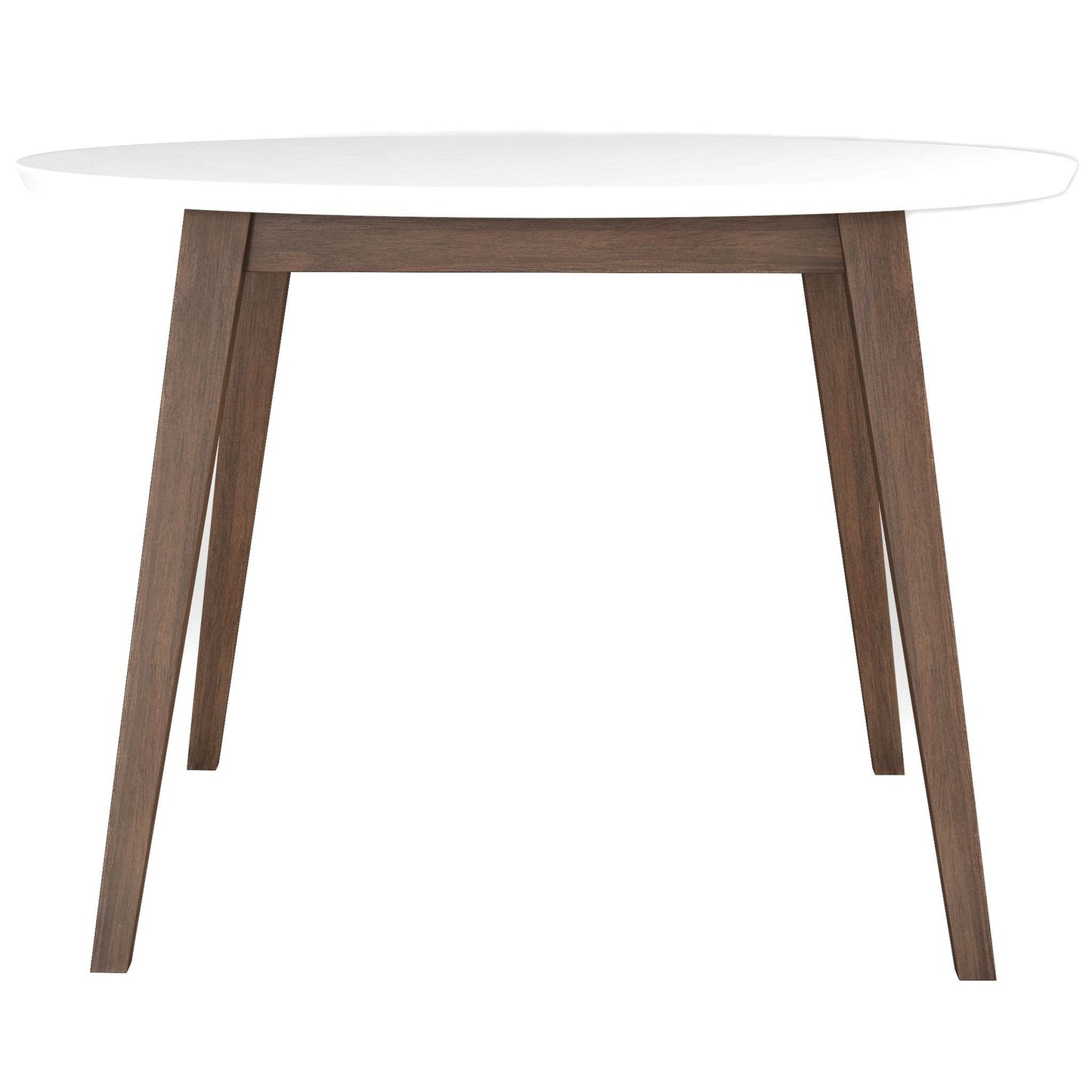 Modern dining table with round white top and wooden angled legs, FredCo International furniture