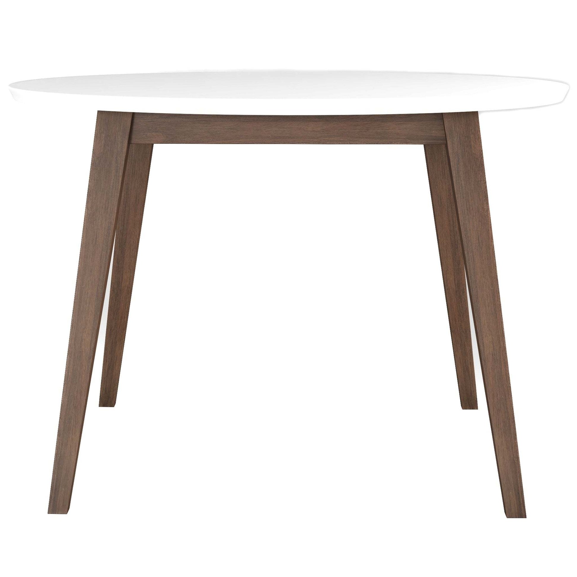 Modern dining table with round white top and wooden angled legs, FredCo International furniture
