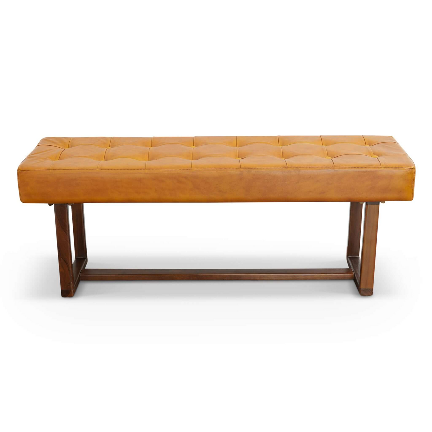 Cameron Mid-Century Modern Tan Leather Bench with Solid Wood Frame 17.5''H x 51''W x 16''D for Living Room Bedroom Waiting Room FredCo