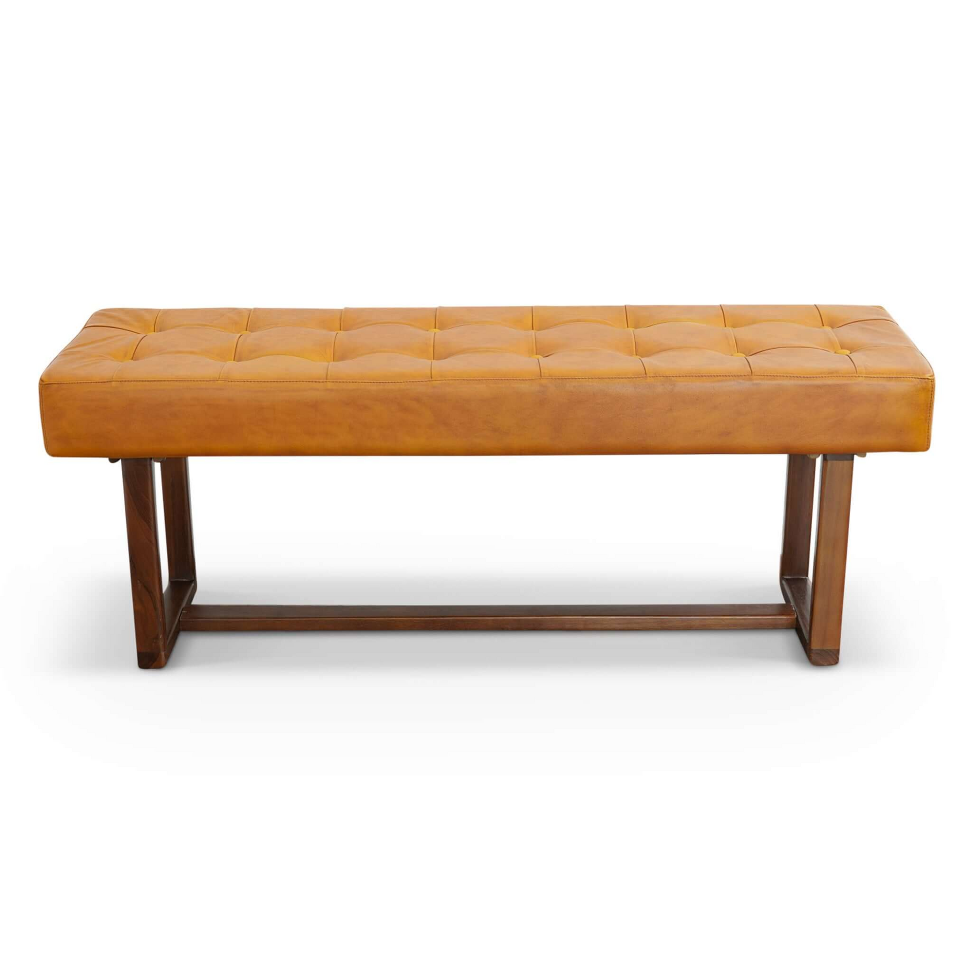 Cameron Mid-Century Modern Tan Leather Bench with Solid Wood Frame 17.5''H x 51''W x 16''D for Living Room Bedroom Waiting Room FredCo