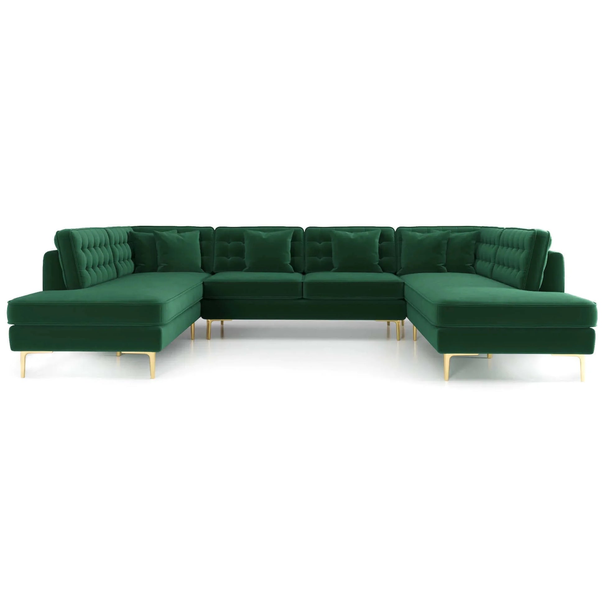 Green velvet sectional sofa with gold legs, modern living room furniture from FredCo International