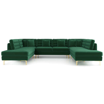 Green velvet sectional sofa with gold legs, modern living room furniture from FredCo International