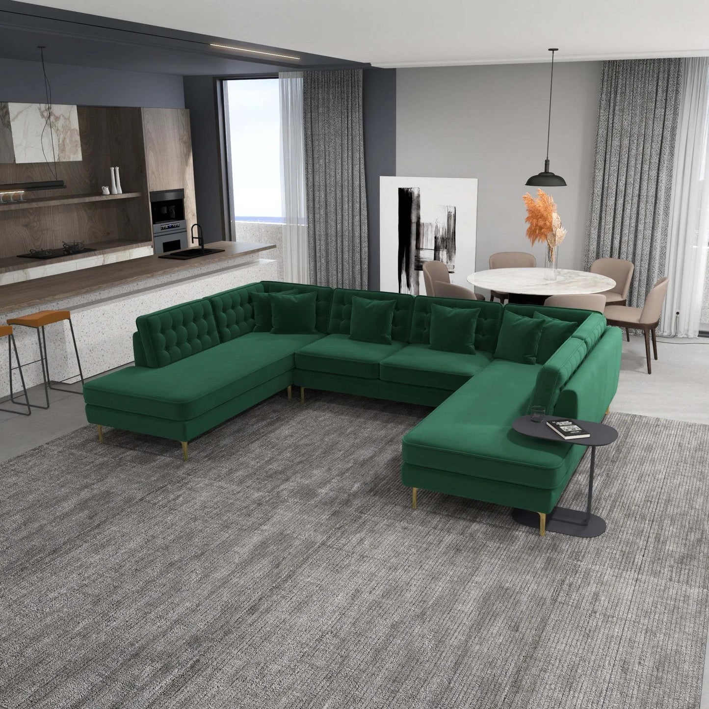 Modern living room with green sectional sofa, gray rug, open kitchen, and dining area