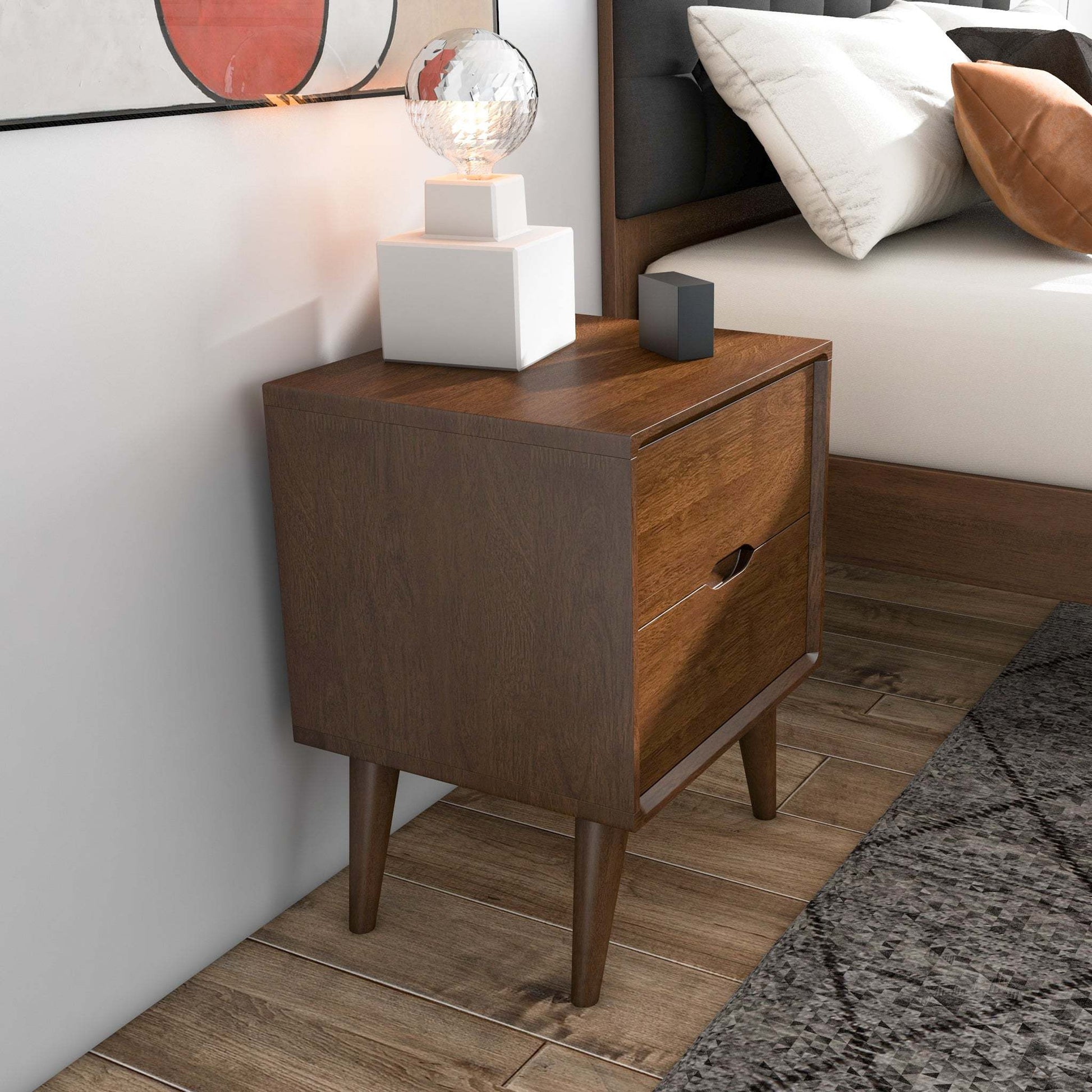 Alexandra Mid-Century Modern Night Stand with 2 Drawers in Walnut Brown Solid Wood 24.8'H x 17.7'W x 15.7'D FredCo