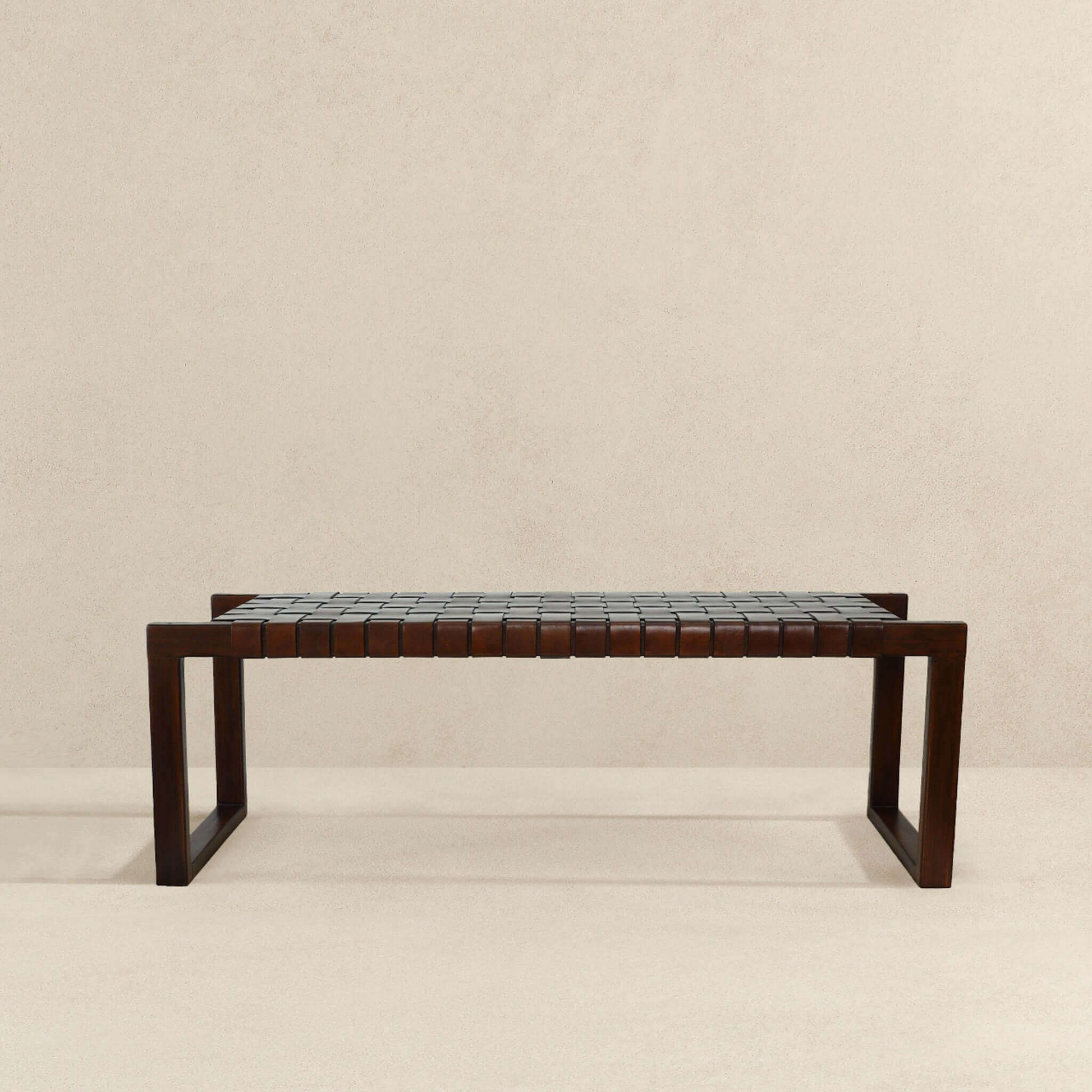 Christina Mid-Century Modern Tan Leather Bench with Solid Wood Frame and Tapered Legs 18.5'H x 55'W x 15.7'D for Living Room Bedroom Waiting Room FredCo