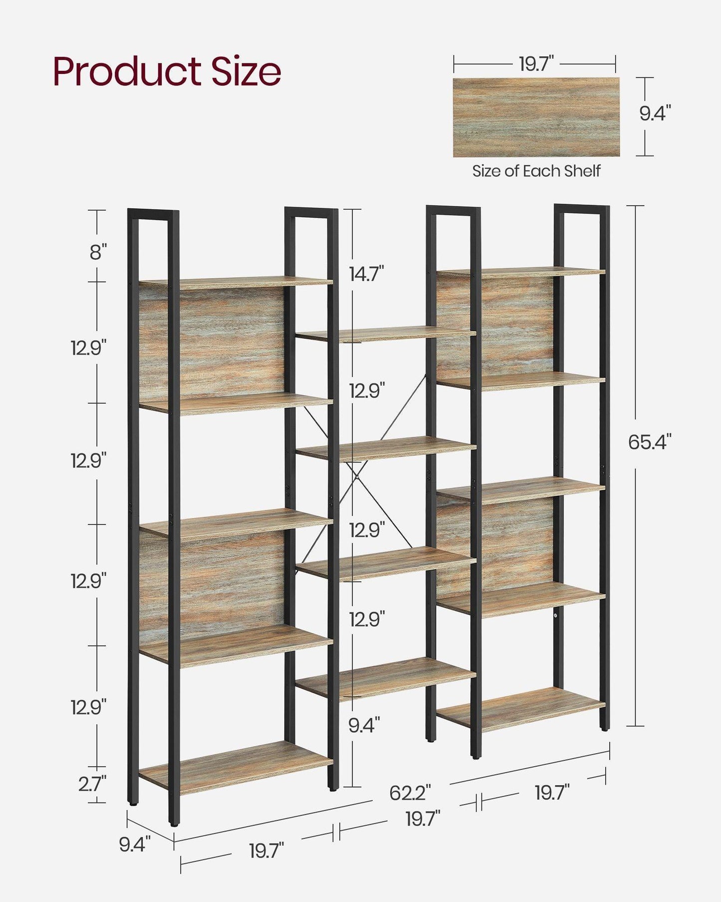 5-Tier Bookcase with 14 Shelves Oak with Blue Grains and Black FredCo