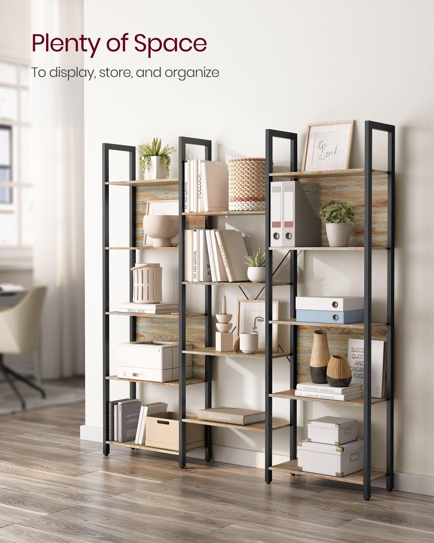5-Tier Bookcase with 14 Shelves Oak with Blue Grains and Black FredCo