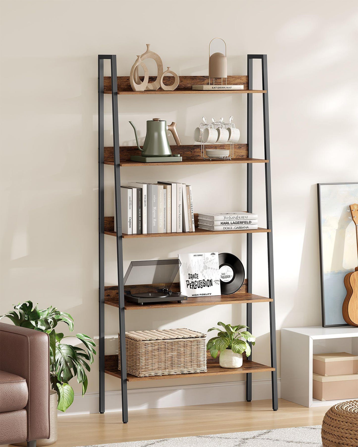 5-Tier Bookshelf Rustic Brown and Ink Black FredCo