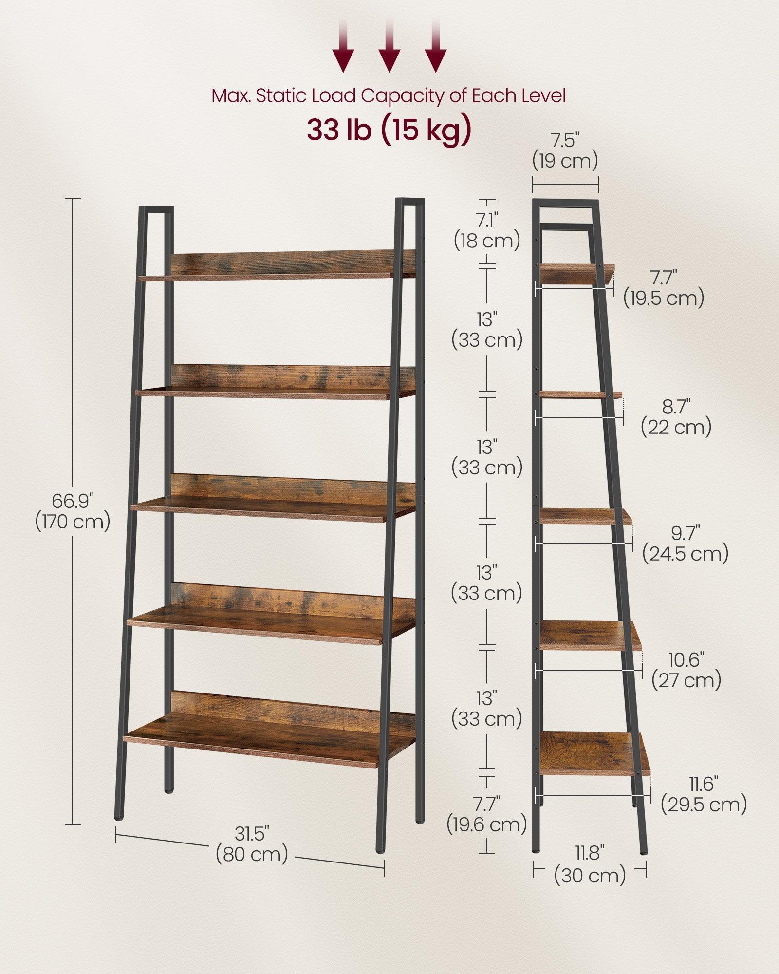 5-Tier Bookshelf Rustic Brown and Ink Black FredCo