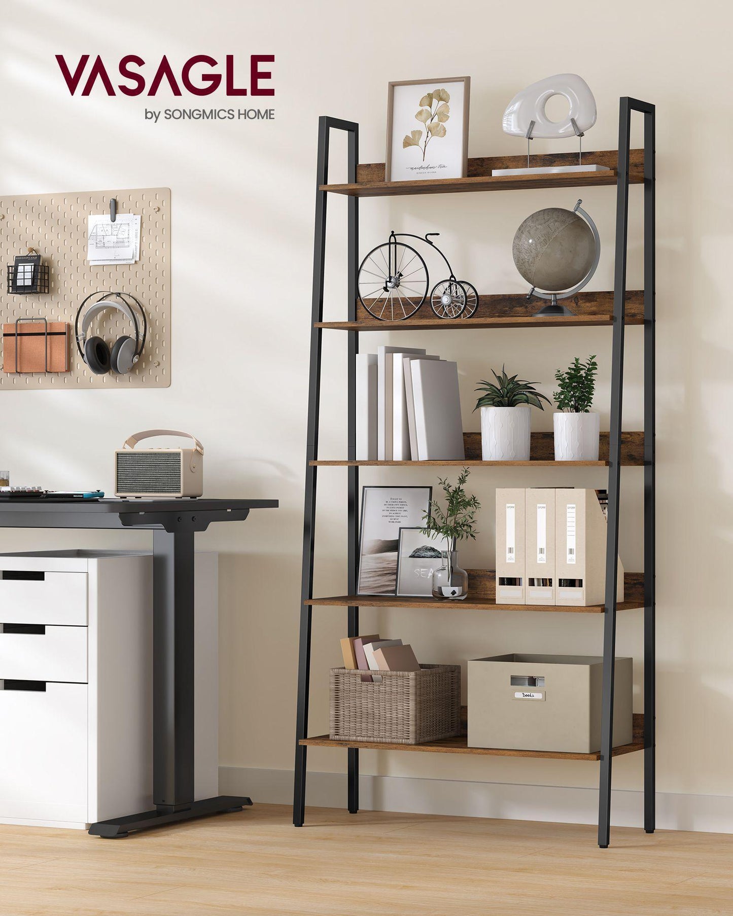 5-Tier Bookshelf Rustic Brown and Ink Black FredCo