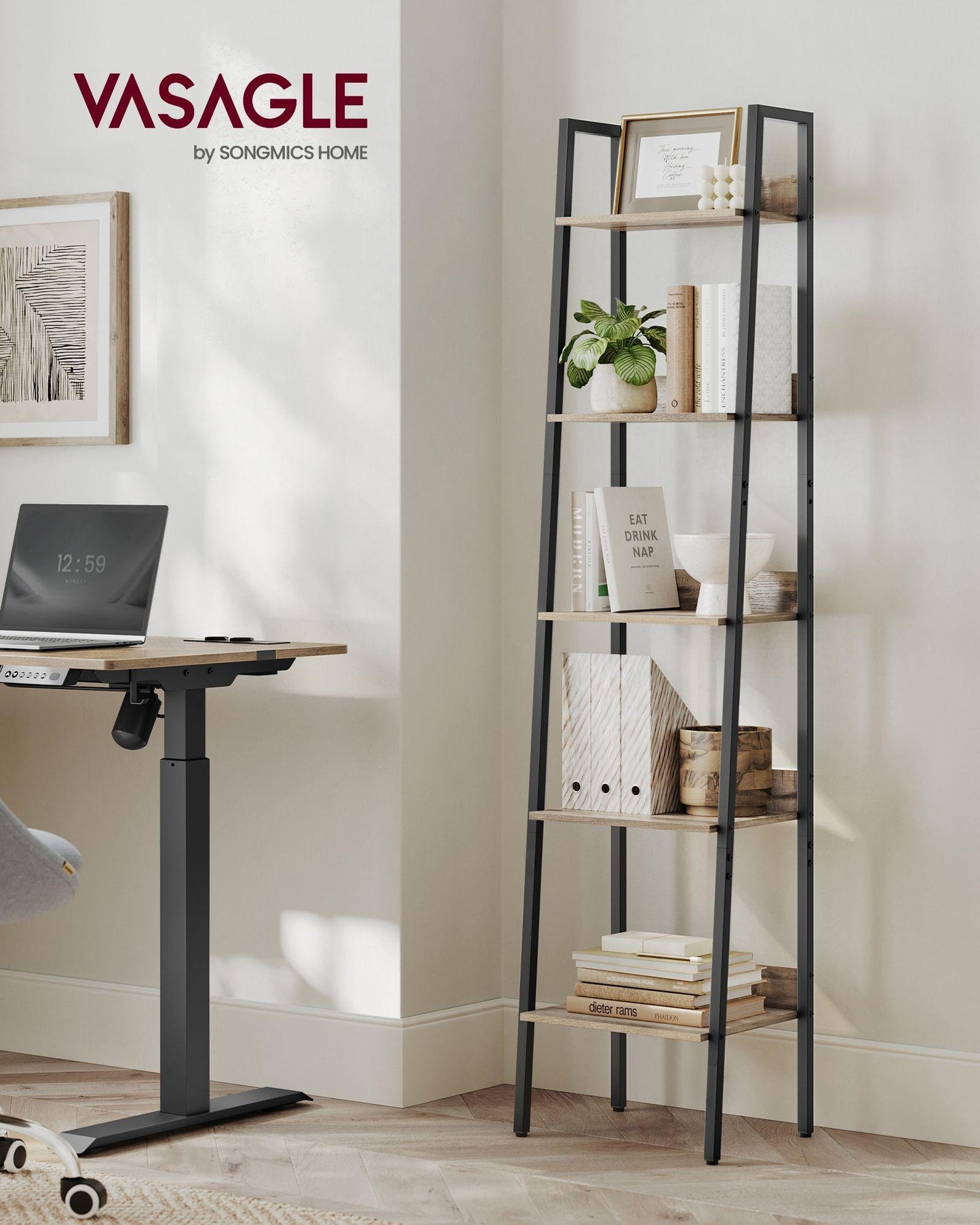 5-Tier Narrow Book Shelf Camel Brown and Black FredCo
