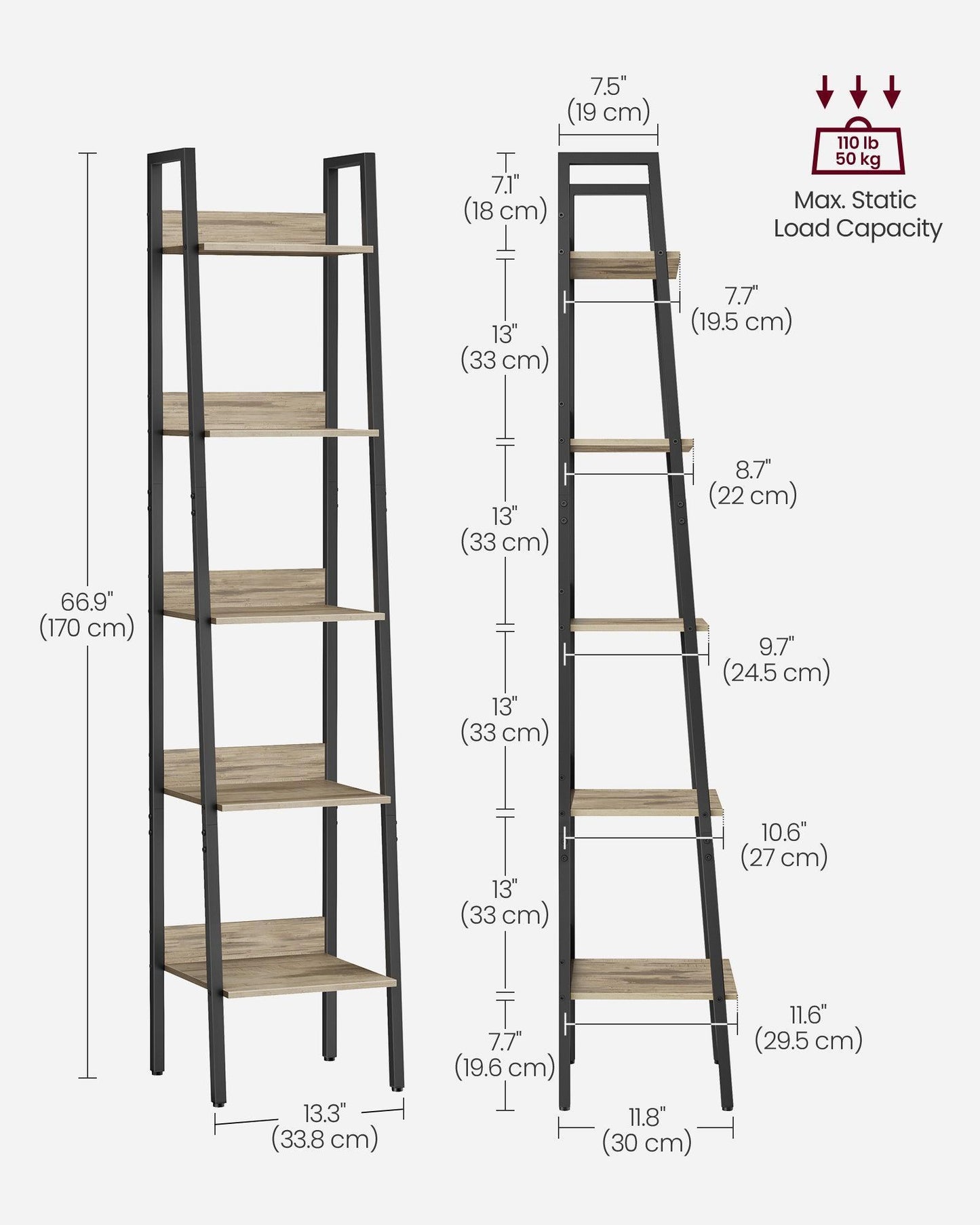 5-Tier Narrow Book Shelf Camel Brown and Black FredCo