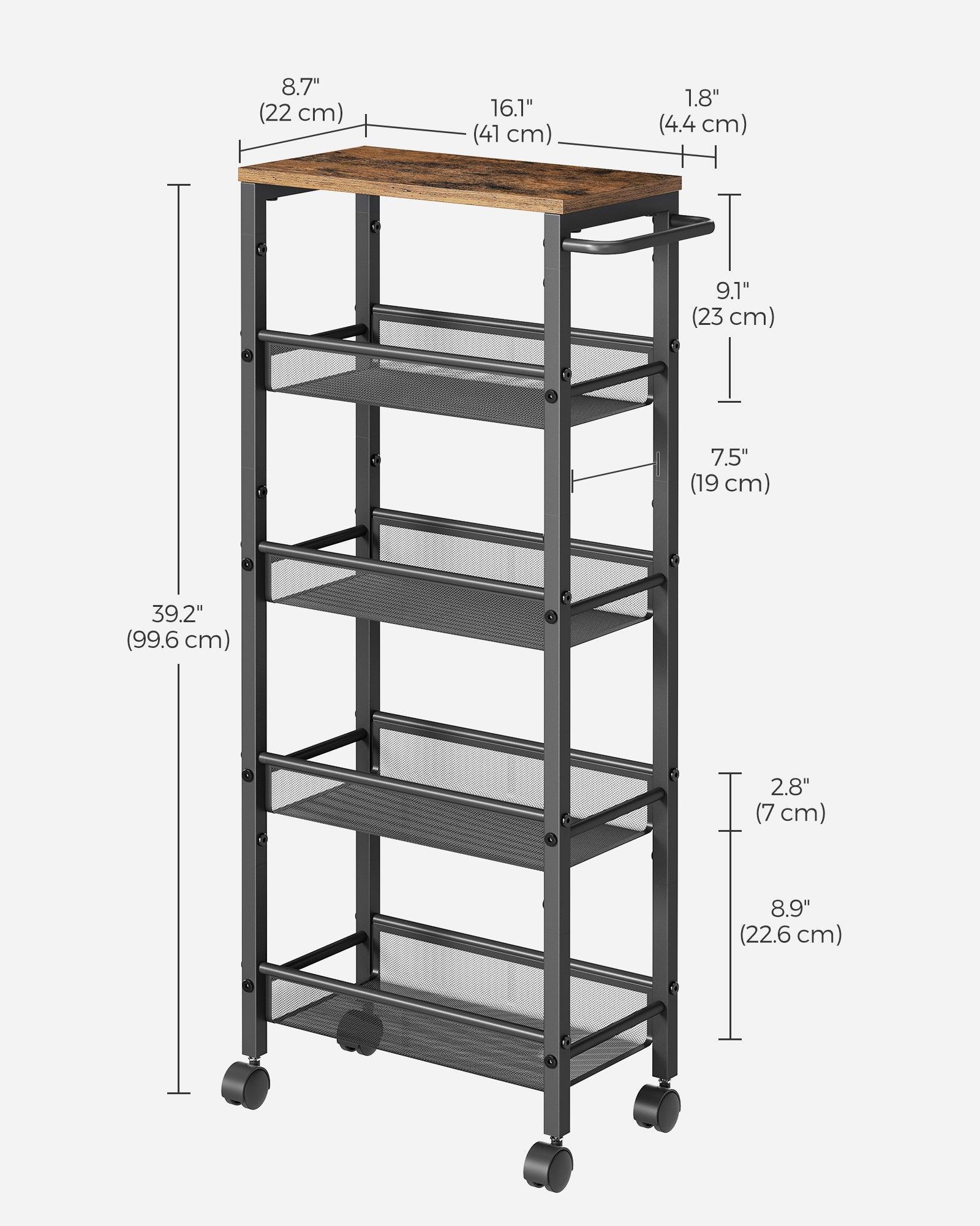 5-Tier Rolling Storage Cart Rustic 8.7 Inches Deep FredCo