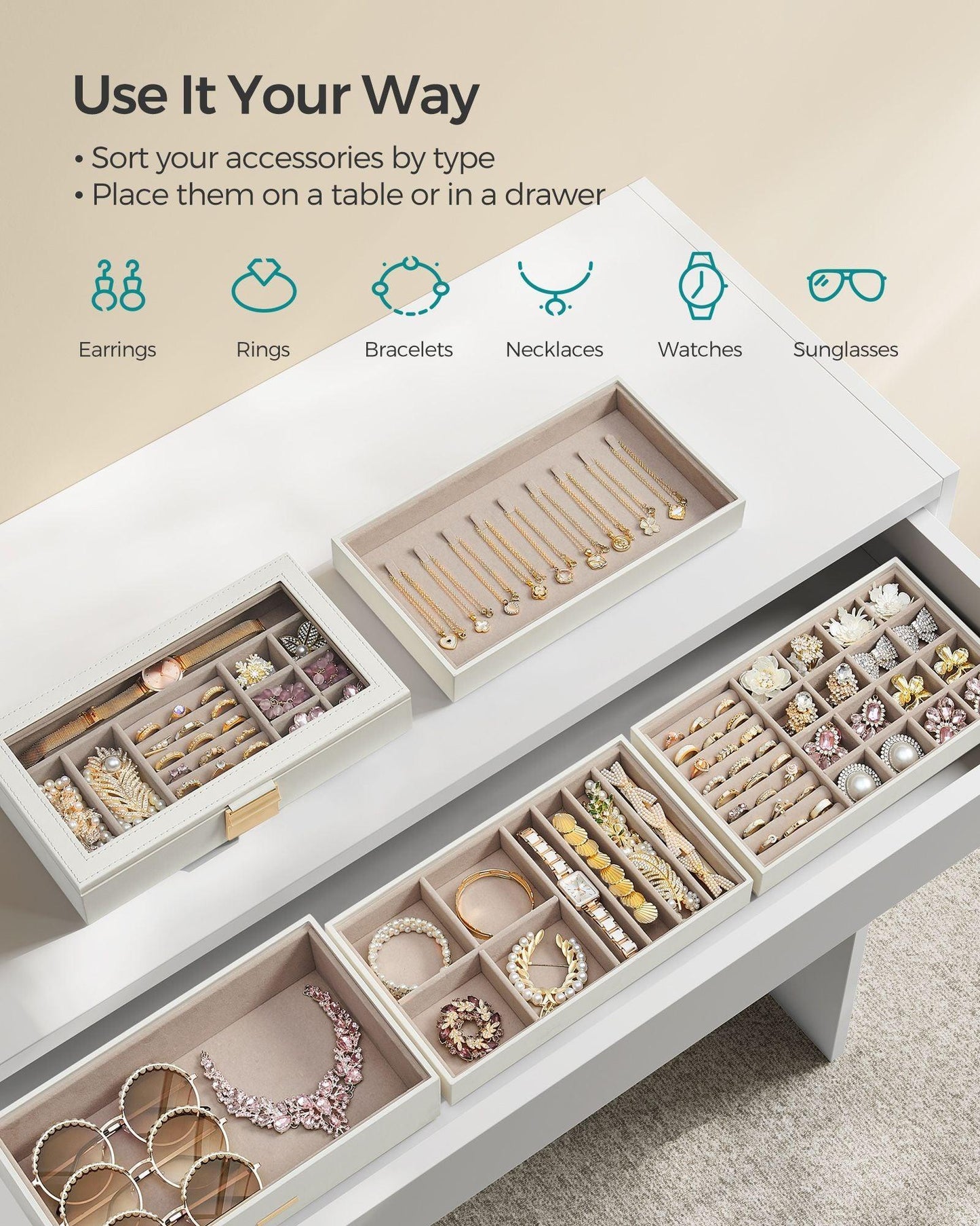 5-Tier Stackable Jewelry Trays Cloud White FredCo