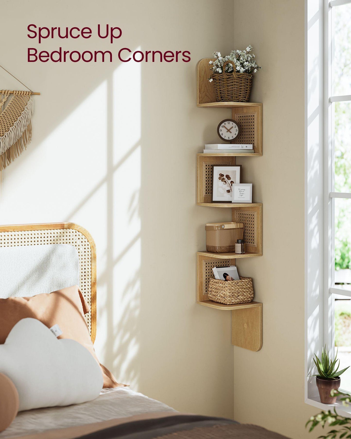 5-Tier Wall-Mounted Corner Shelf Oak Beige FredCo