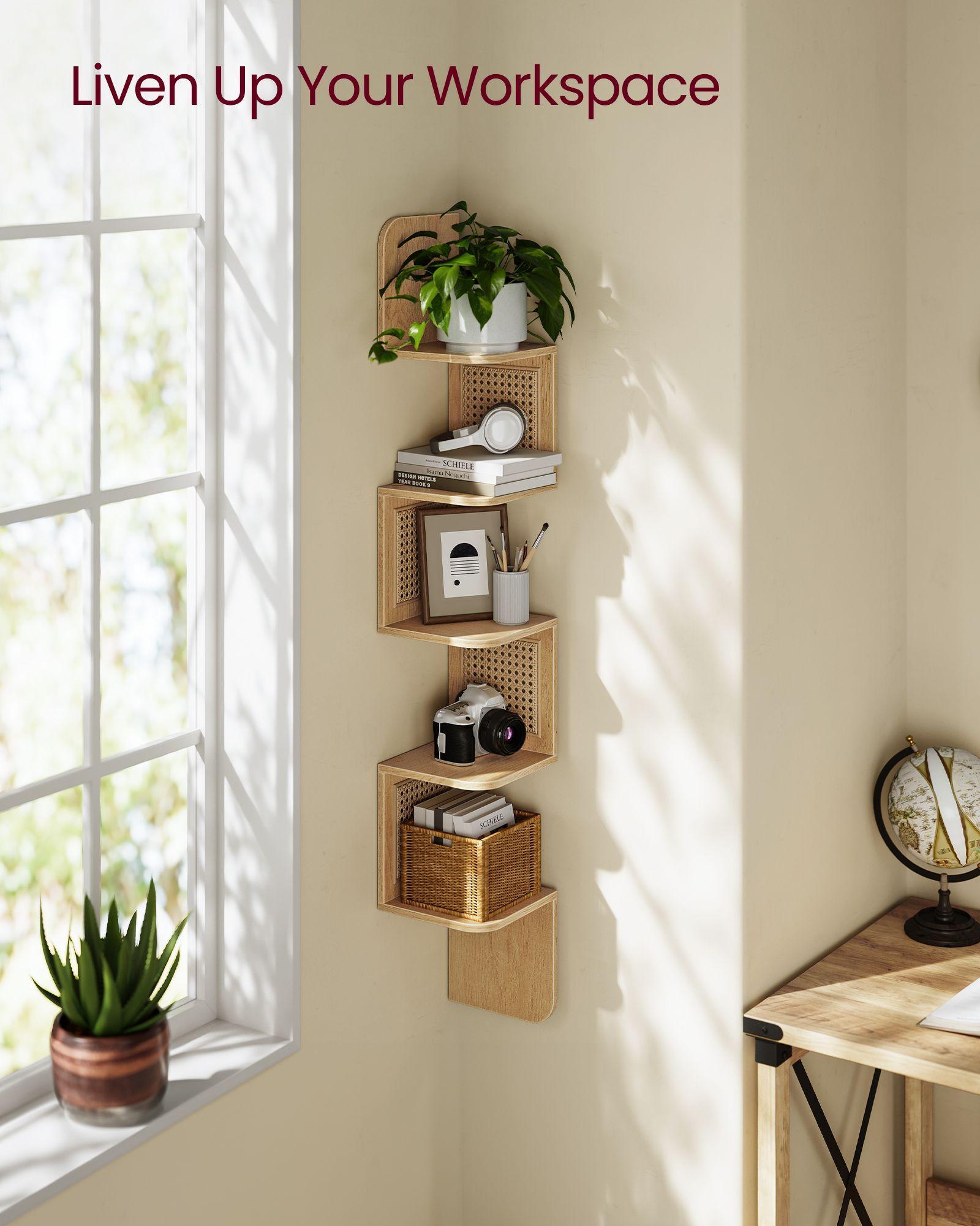 5-Tier Wall-Mounted Corner Shelf Oak Beige FredCo