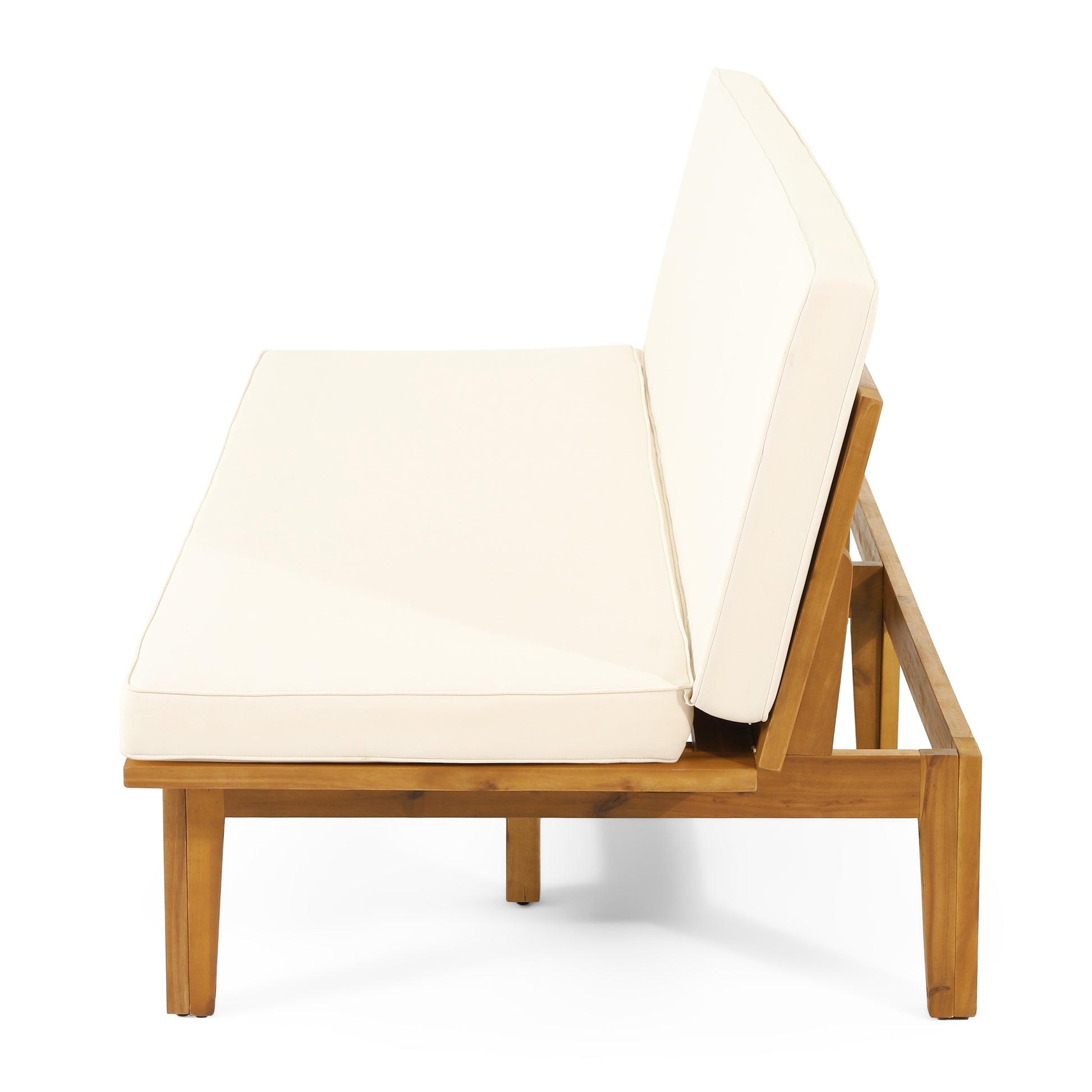 Outdoor Elegance Daybed with Convertible Design, Beige Cushion, Acacia Wood Frame FredCo