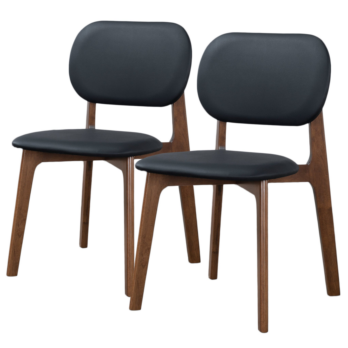 Pair of modern dining chairs with black cushioned seats and walnut wood frames, FredCo International