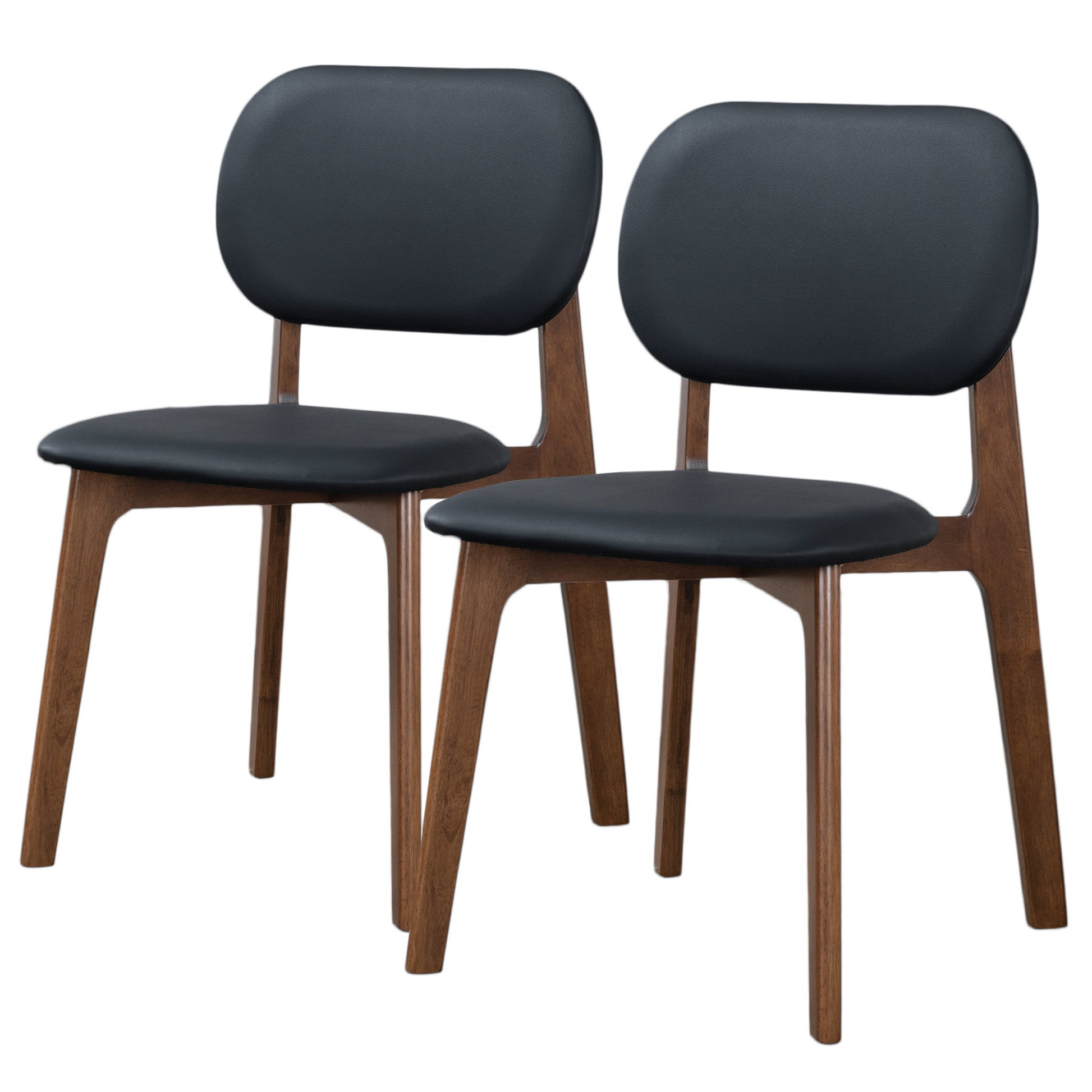 Pair of modern dining chairs with black cushioned seats and walnut wood frames, FredCo International