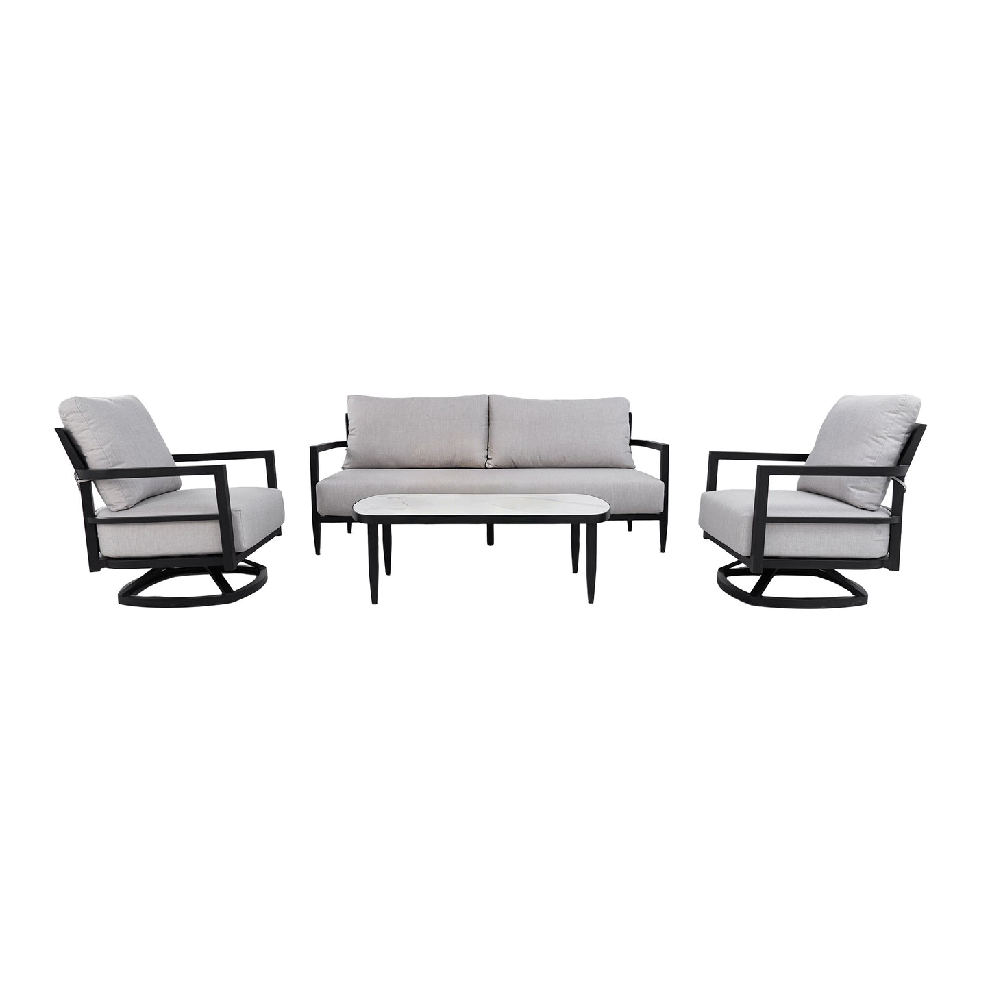 4PC Outdoor Conversation Set with Fully Weld 360° Swivel Club Chairs, Luxurious Bench Seat Sofa, Marble-Inspired Sintered Stone Coffee Table, Ember Black Rust-Free Aluminum Frame & Sunbrella Cushions