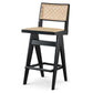Keira Mid-Century Rattan Bar Stool Set of 2 with Leather Seat in Black 27.4In FredCo