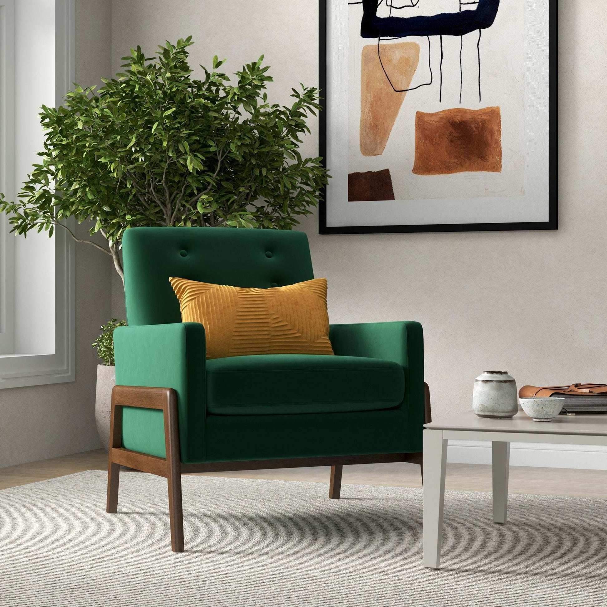 Modern living room with green mid-century armchair, yellow pillow, houseplant, and abstract wall art