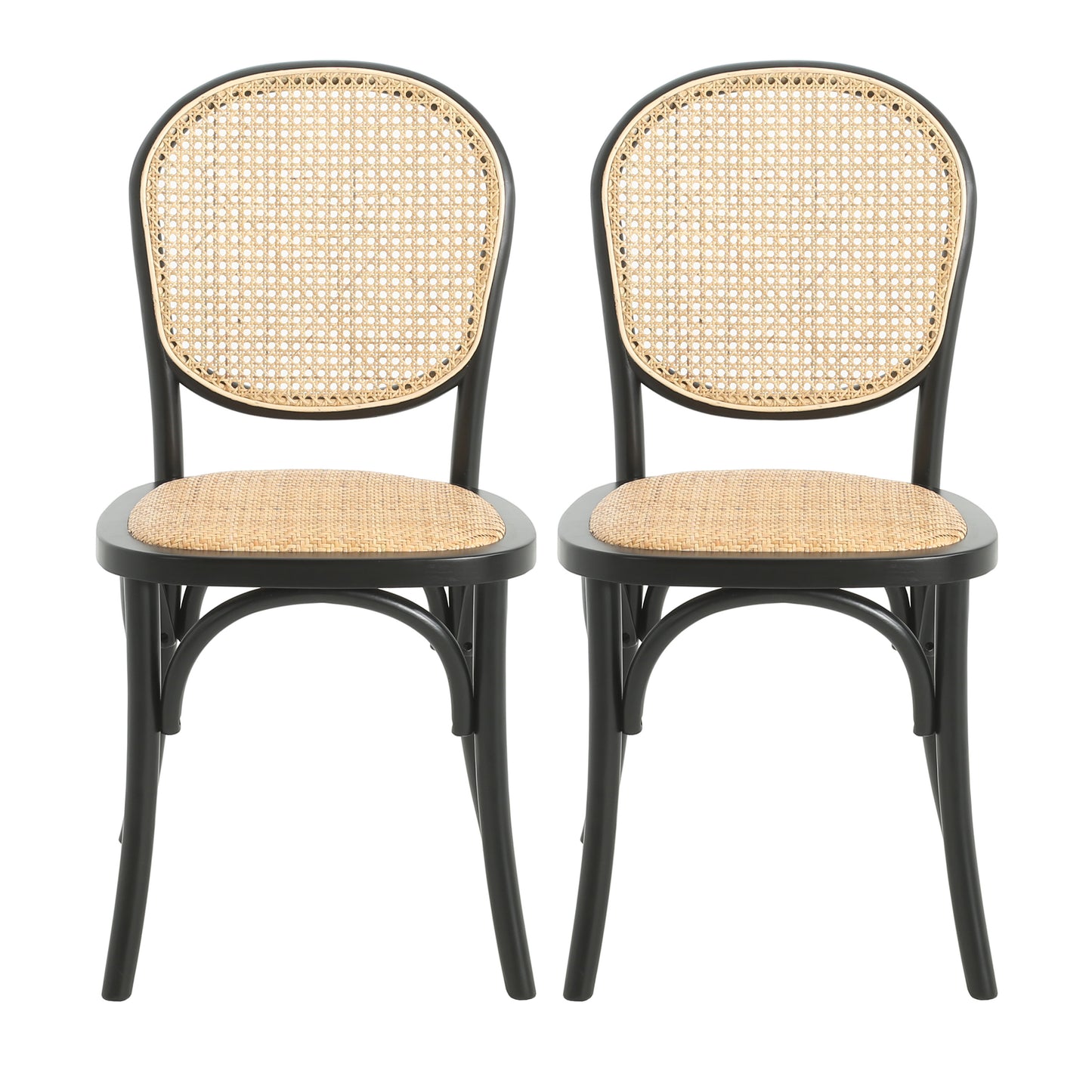 Vintage Style Dining Chairs Set of 2 in Black with Rattan Seat and Birch Wood Frame