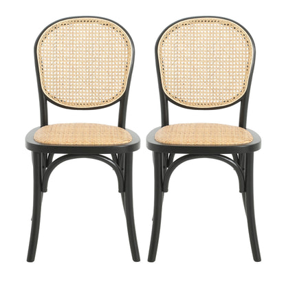 Vintage Style Dining Chairs Set of 2 in Black with Rattan Seat and Birch Wood Frame