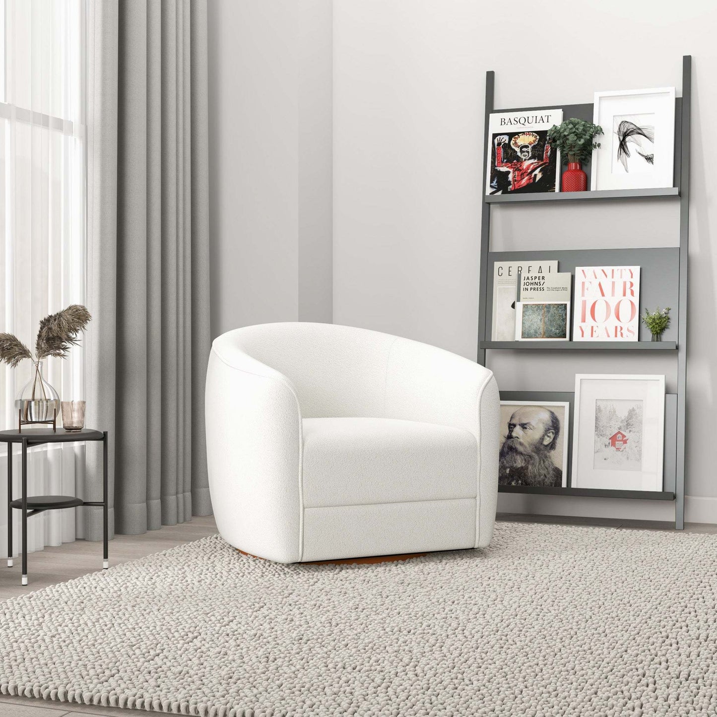 High Quality Elise Mid Century Modern Beige Boucle Swivel Chair with Elegant Design and Multi-functional Use 34.2W'x 30D'x 30H' Swivel Round Chairs for Living Room Bedroom Reading, White FredCo