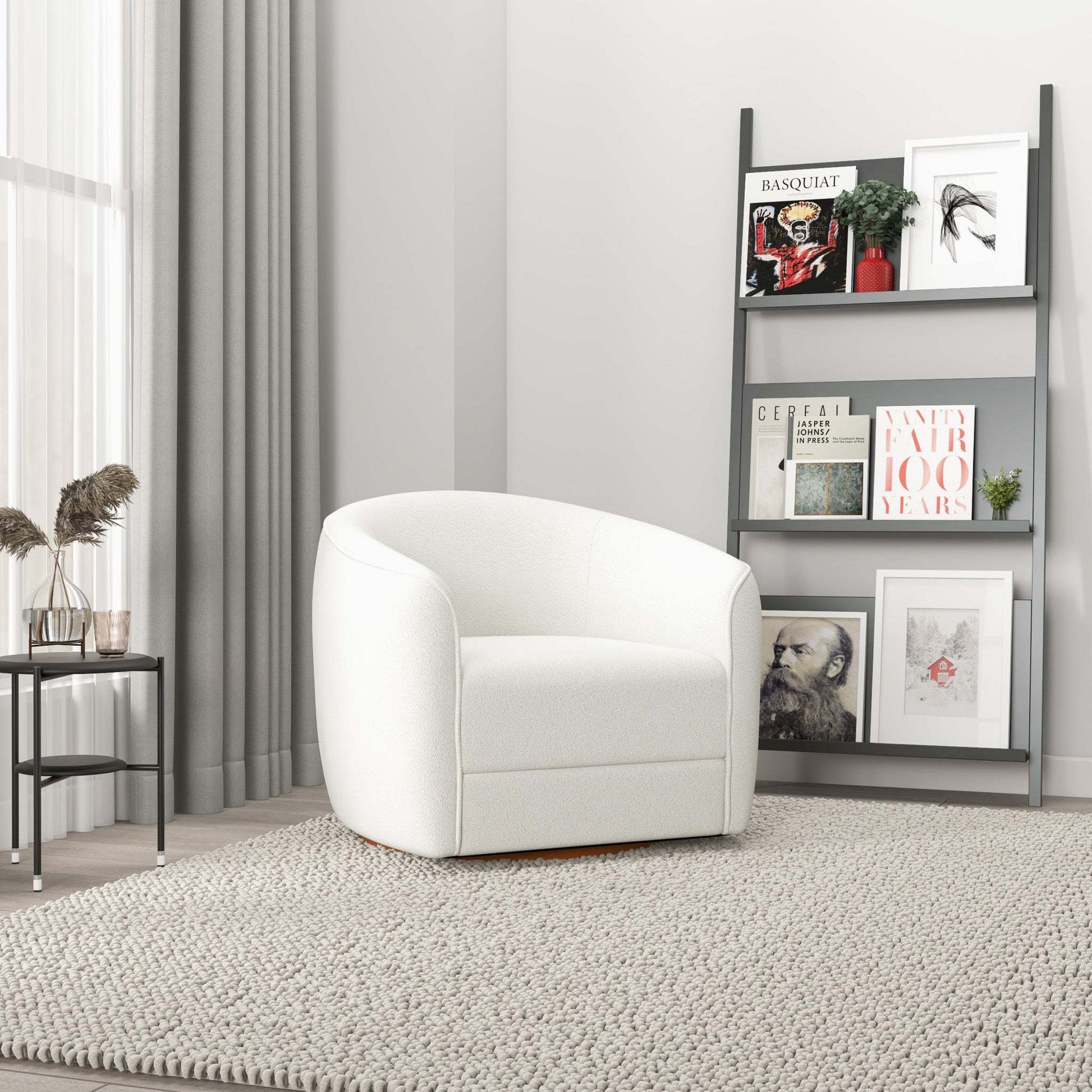 High Quality Elise Mid Century Modern Beige Boucle Swivel Chair with Elegant Design and Multi-functional Use 34.2W'x 30D'x 30H' Swivel Round Chairs for Living Room Bedroom Reading, White FredCo