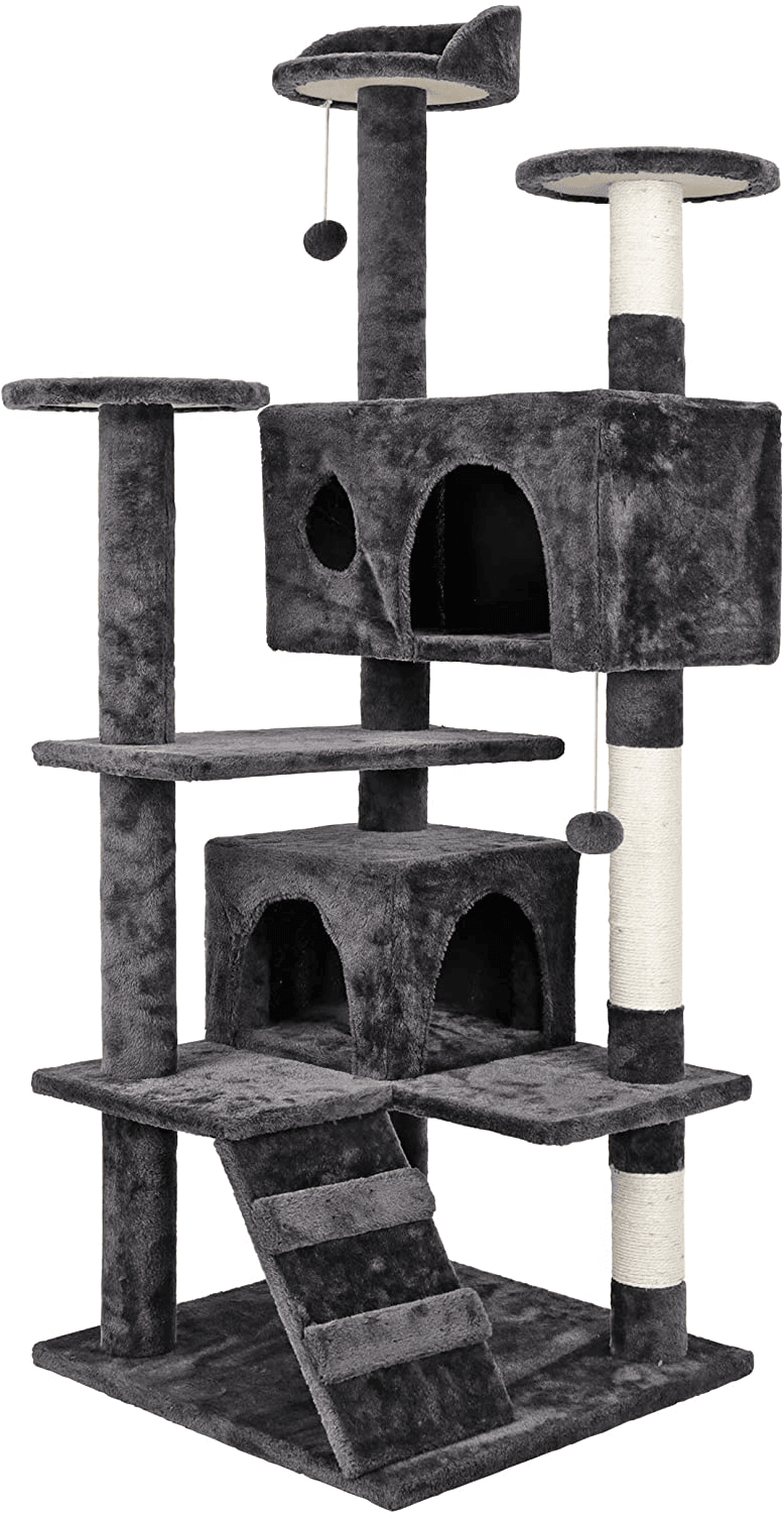 53‘‘ Cat Tree with Sisal-Covered Scratching Posts and 2 Plush Rooms Cat Furniture for Kittens FredCo