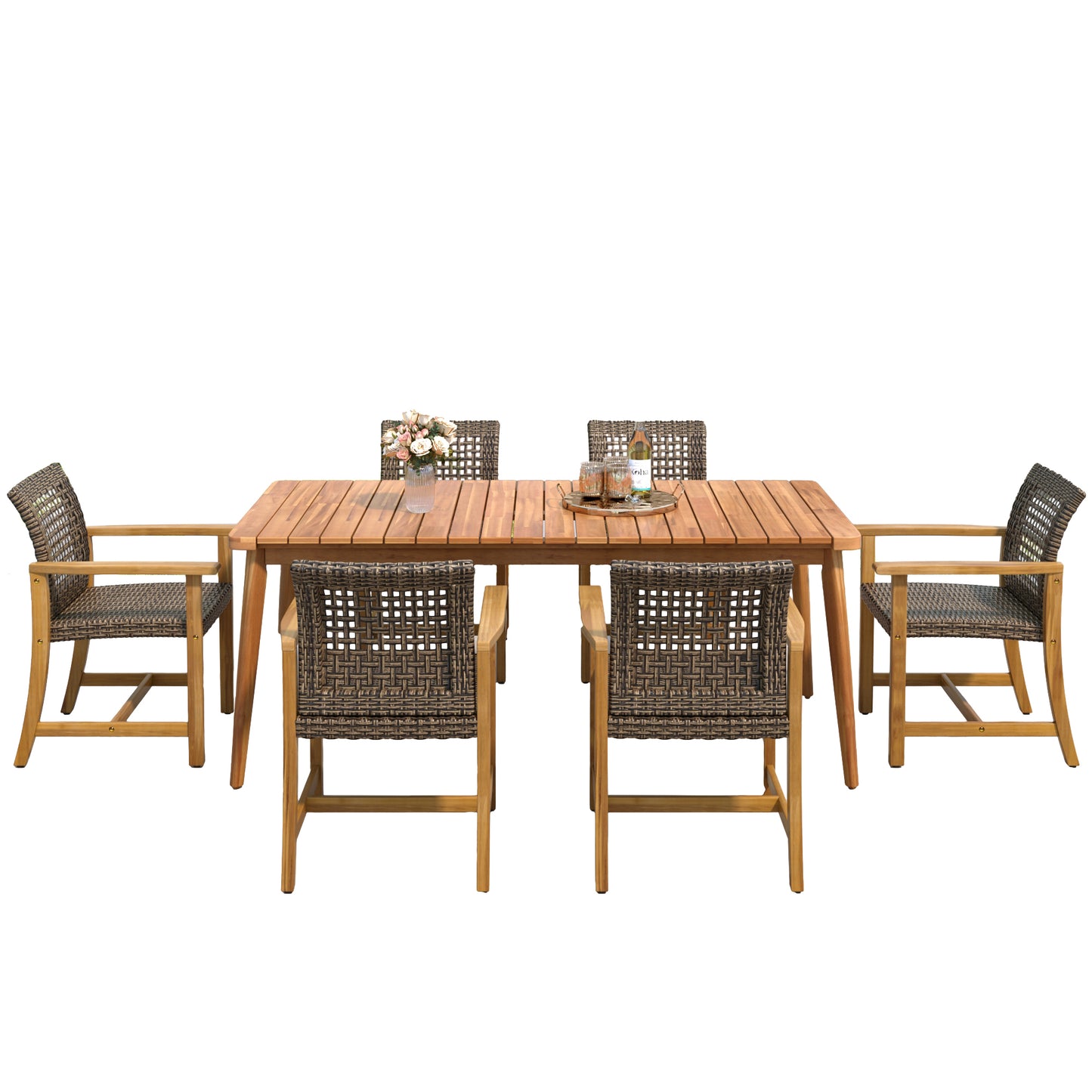 7-Piece Patio Dining Set, 72' Slatted Table & 6 Acacia Wood & PE Rattan Chairs for Patio Garden