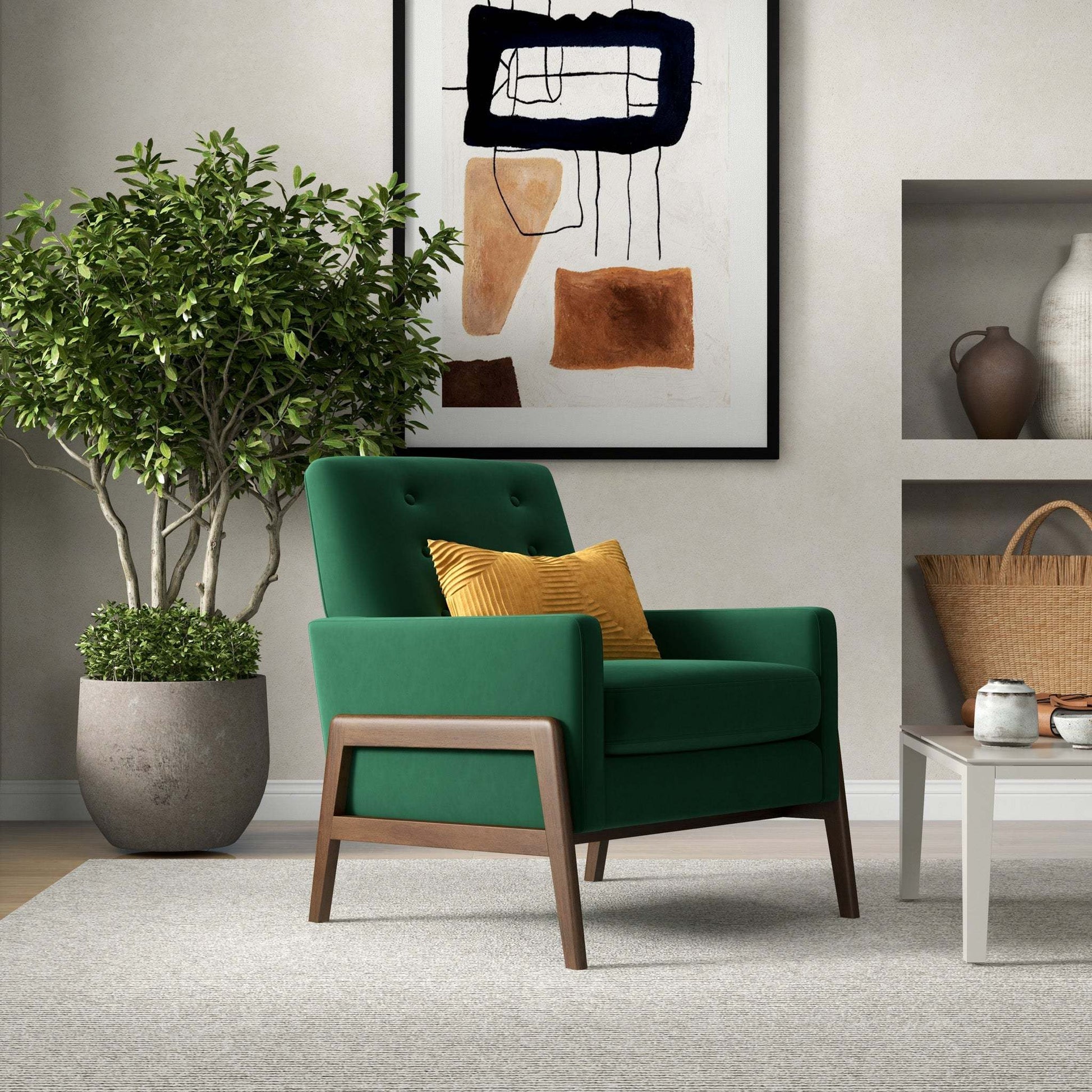 Modern living room with green accent chair, yellow pillow, potted plant, abstract wall art