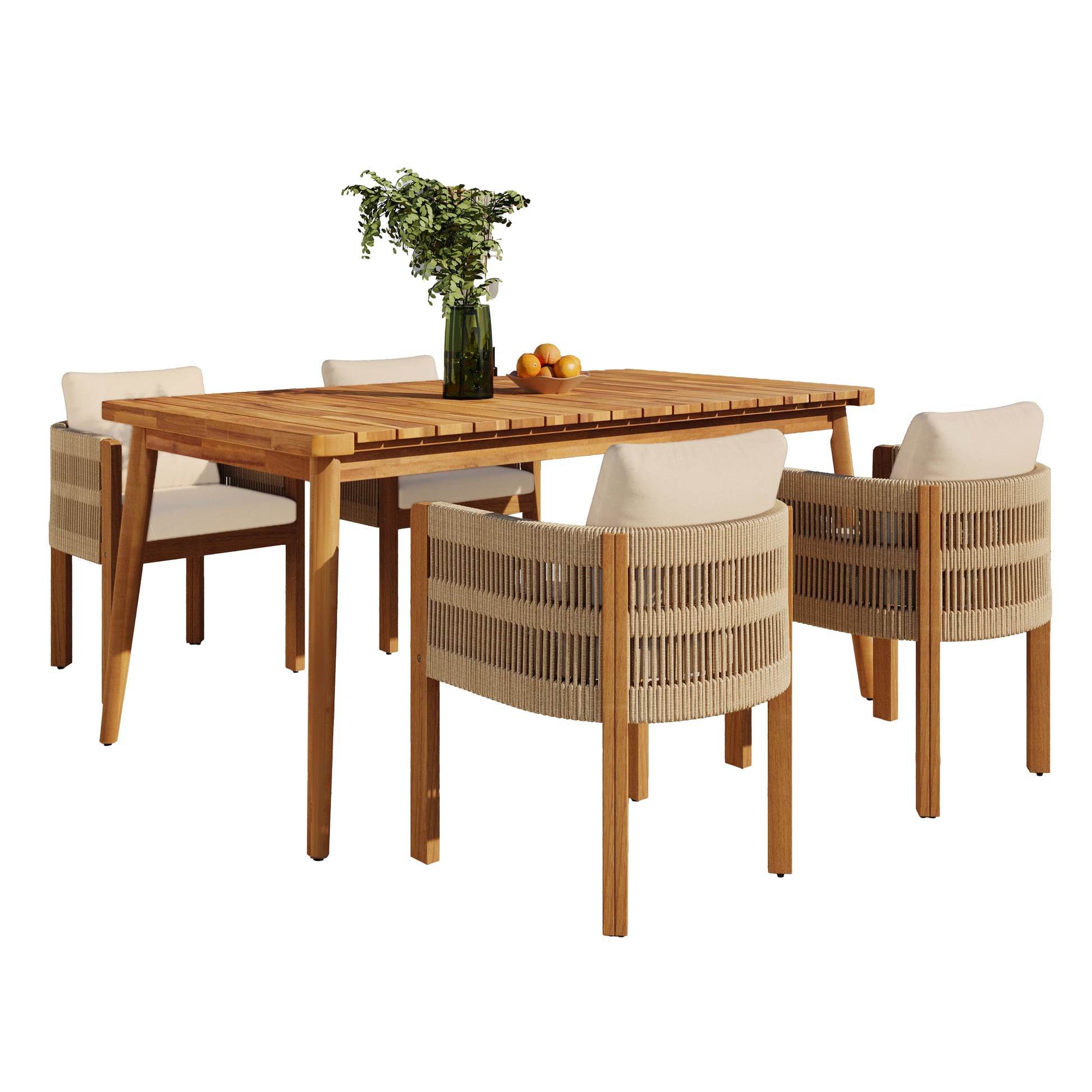 Outdoor Dining Set with Acacia Wood Table and 4 Chairs, Washable Waterproof Cushions, Slatted Tabletop for Patio Garden, Beige FredCo