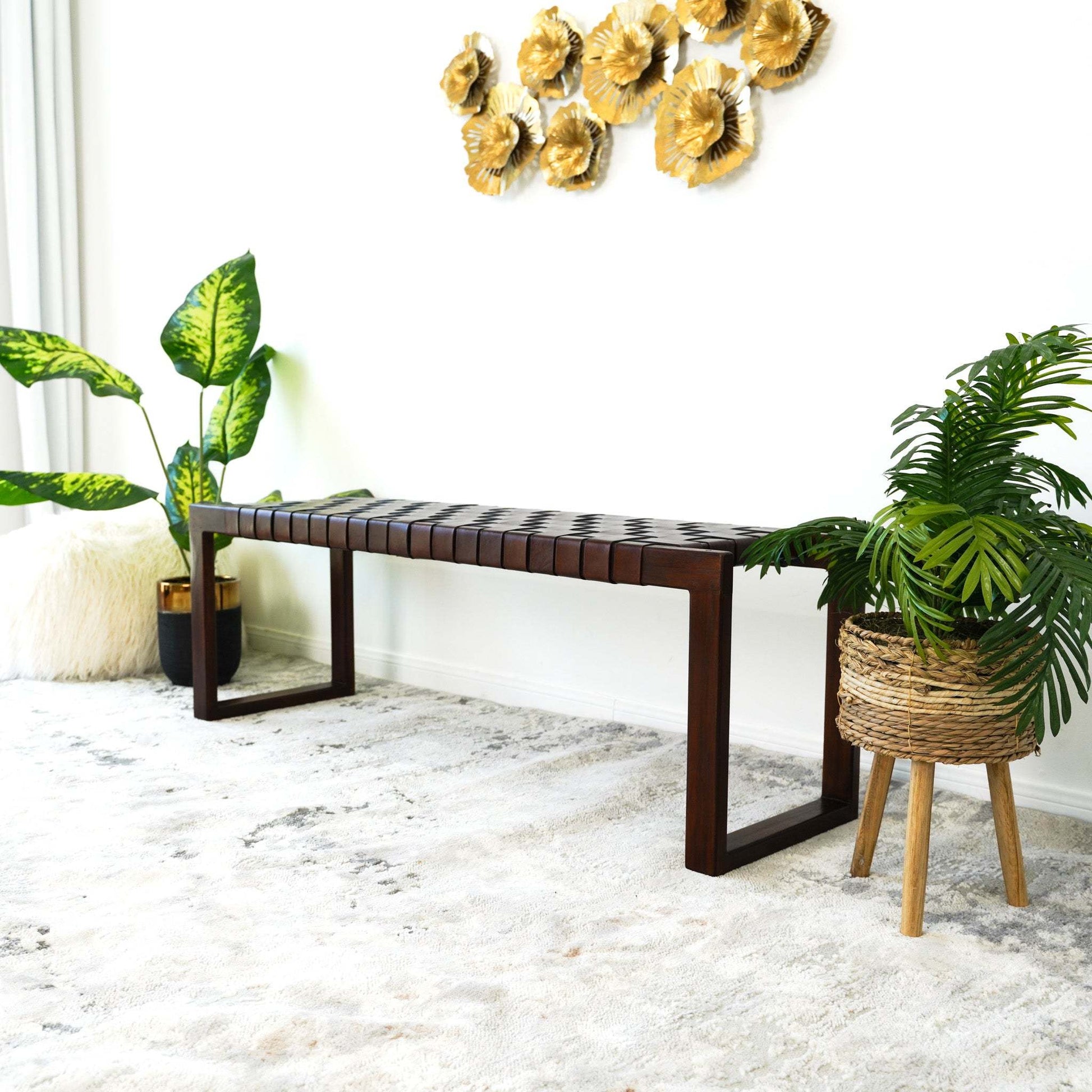 Christina Mid-Century Modern Tan Leather Bench with Solid Wood Frame and Tapered Legs 18.5'H x 55'W x 15.7'D for Living Room Bedroom Waiting Room FredCo