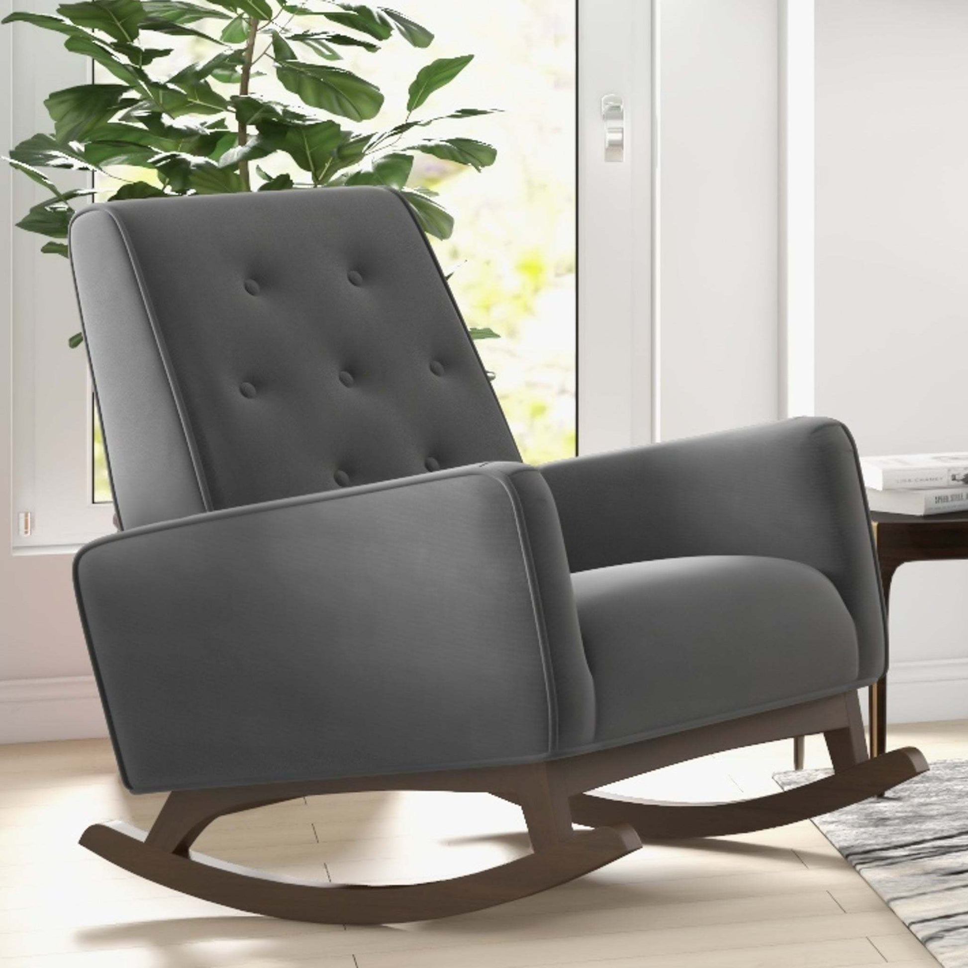 Elegant Style Demetrius Dark Grey Fabric Rocking Chair with Solid Wood Frame for Living Room and Nursery 36.6'H x 27.5'W x 39'D for Living Room Bedroom Reading FredCo