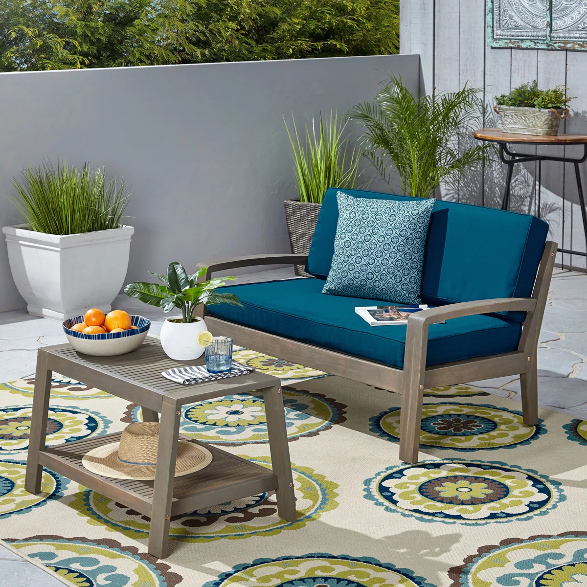 dark blue loveseat+coffice table